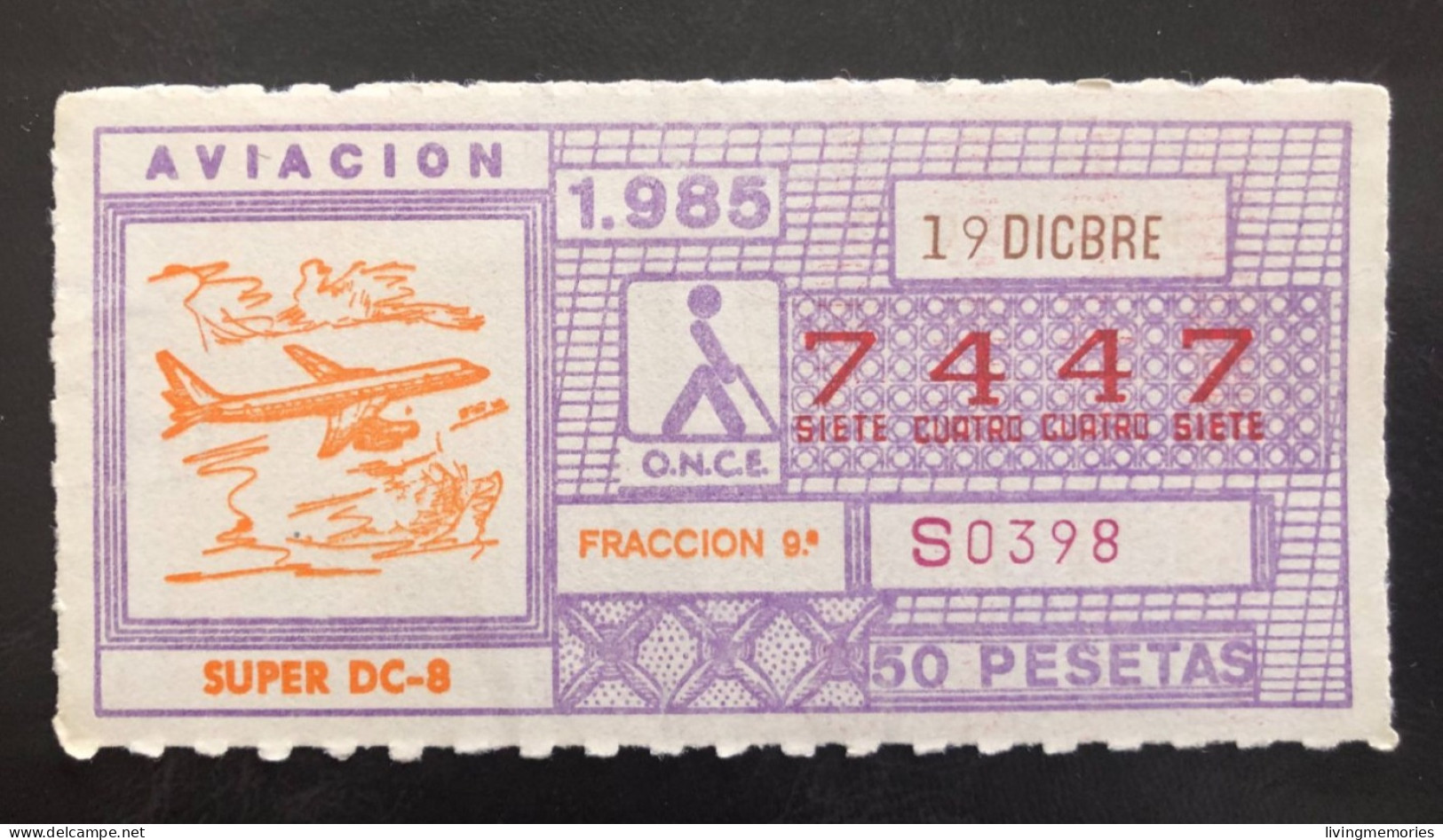 SUB 115A,  CAPICUA Lottery Ticket, Spain, ONCE, « AVIACION », « AVIATION », « SUPER DC-8 », # 7447, 1985 - Billetes De Lotería