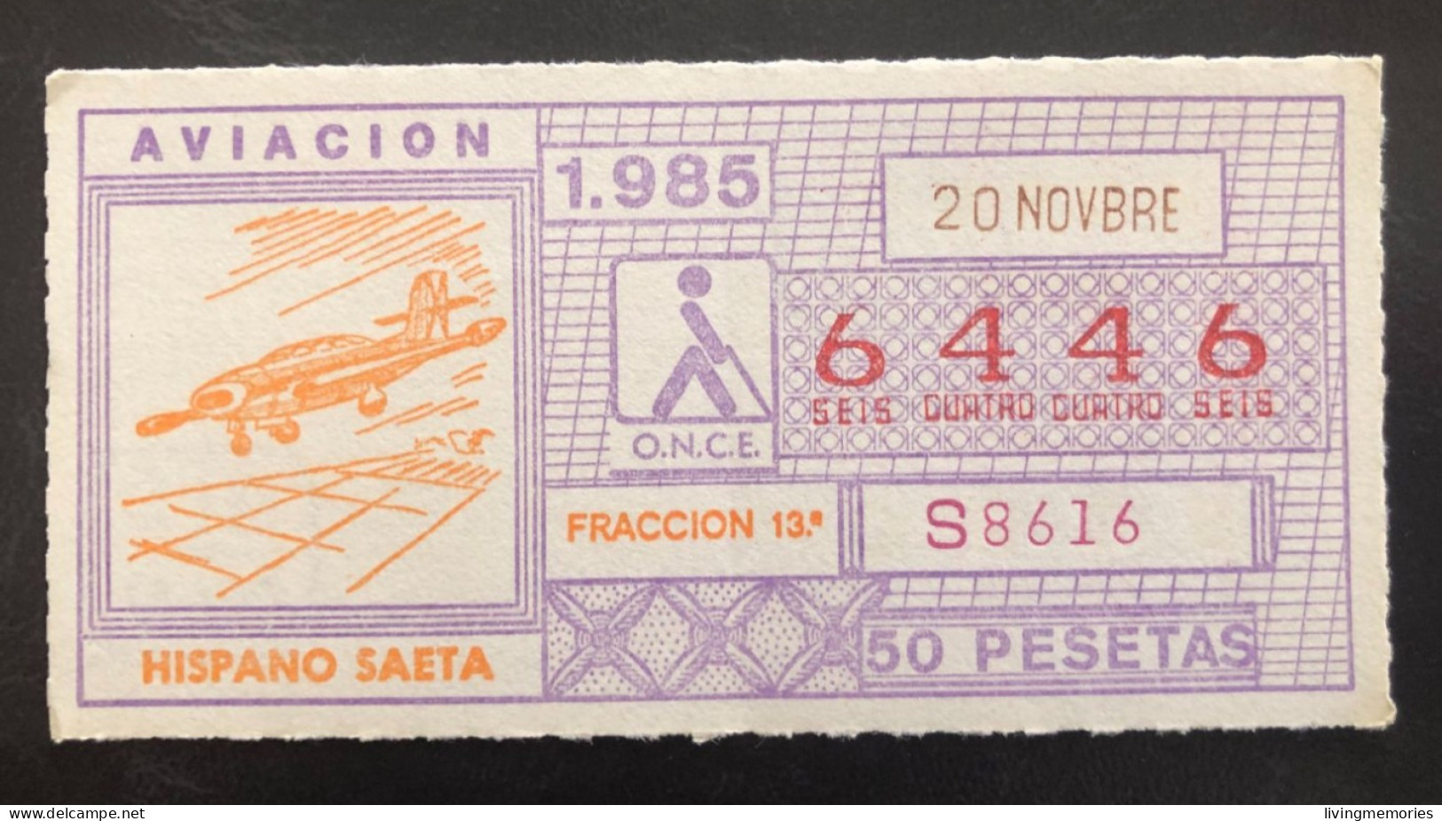 SUB 115A,  CAPICUA Lottery Ticket, Spain, ONCE, « AVIACION », « AVIATION », « HISPANO SAETA », # 6446, 1985 - Billetes De Lotería