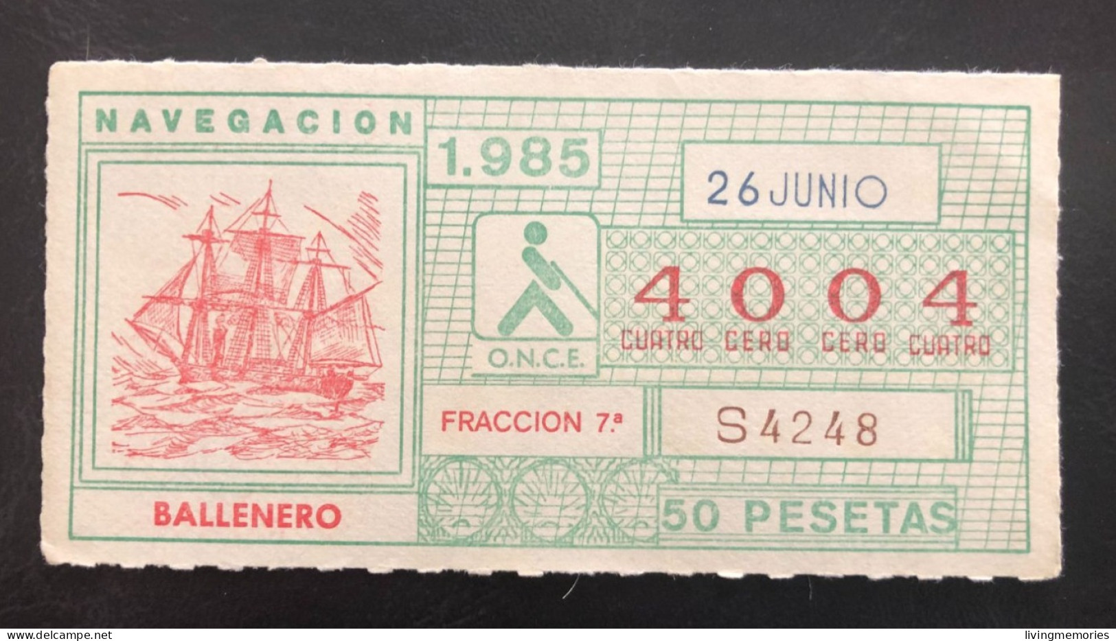 SUB 115A,  CAPICUA Lottery Ticket, Spain, ONCE, « NAVEGACION », « Balenero», # 4004, 1985 - Billetes De Lotería