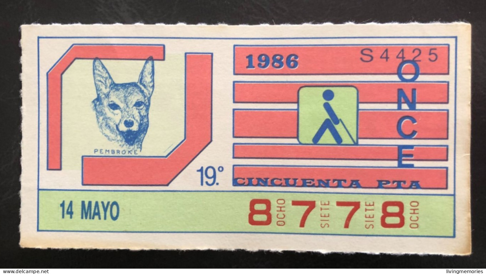 SUB 115A,  CAPICUA Lottery Ticket, Spain, ONCE, « Dogs », « Perros », « Pembroke », # 8778, 1986 - Billetes De Lotería