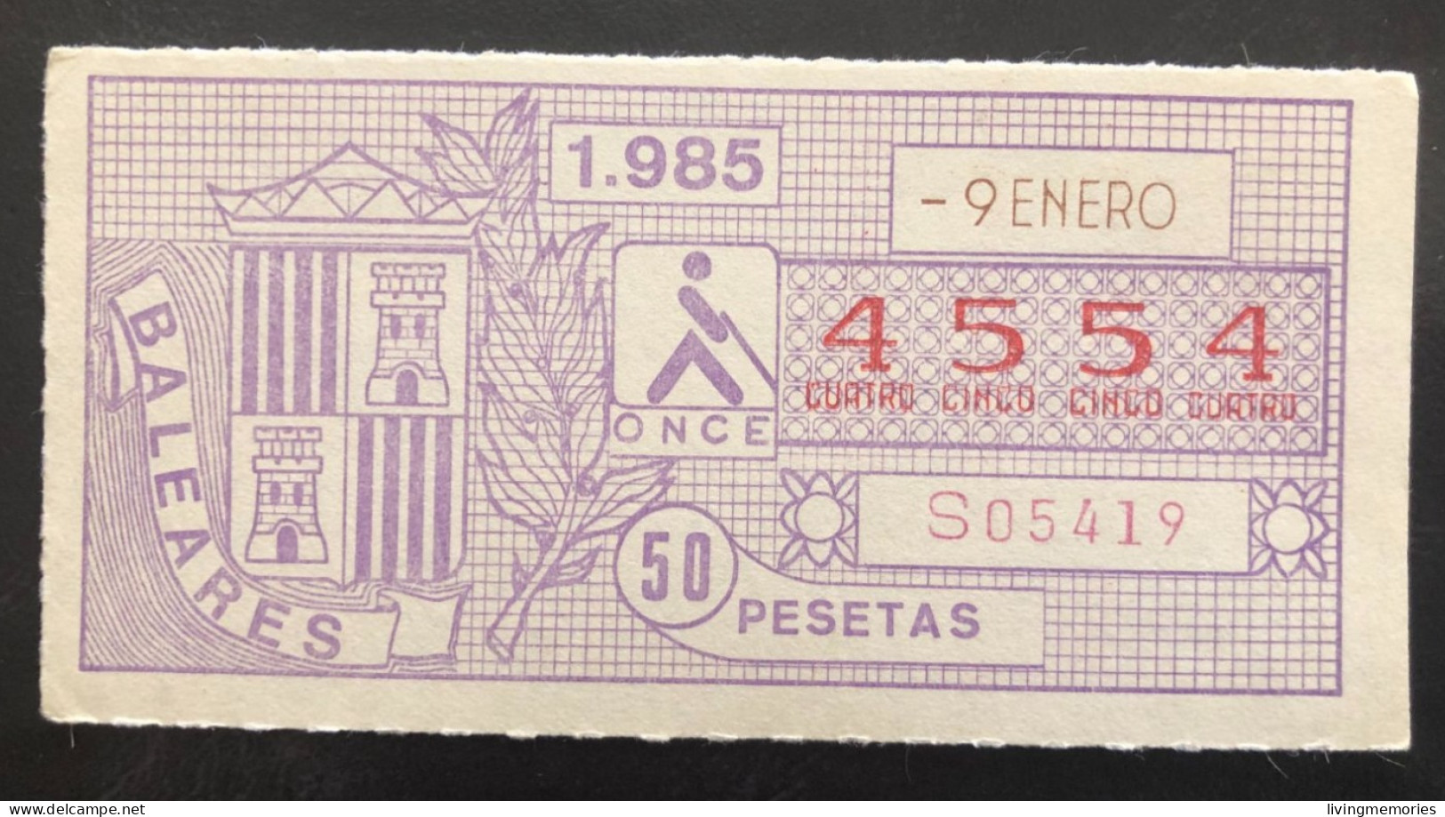 SUB 115A,  CAPICUA Lottery Ticket, Spain, ONCE, « BALEARES », # 4554, 1985 - Billetes De Lotería