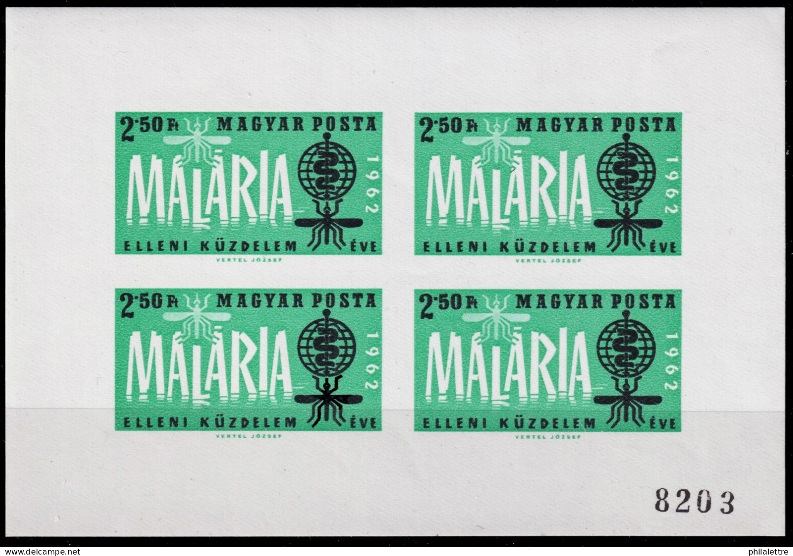 HONGRIE / HUNGARY - 1962 Mi.Bl.35B 2.50f. Fight Against Malaria Min. Sheet Of 4 Imperf. & Numbered - Mint NH** - Nuovi