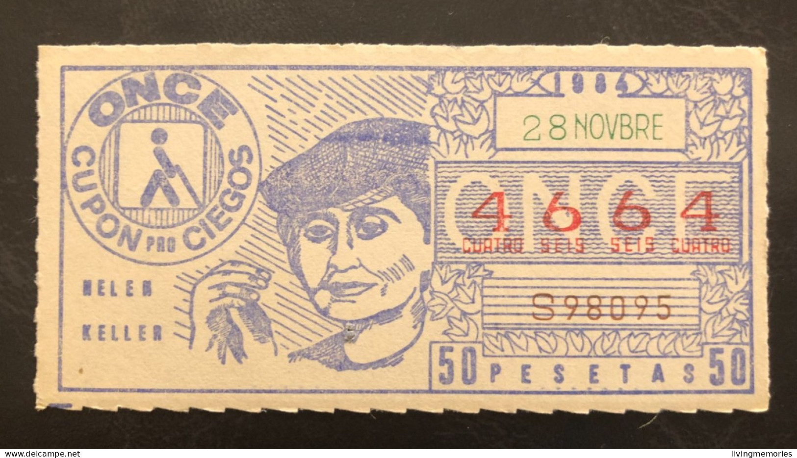 SUB 115A,  CAPICUA Lottery Ticket, Spain, ONCE, « HELEN KELLER », # 4664, 1984 - Billetes De Lotería