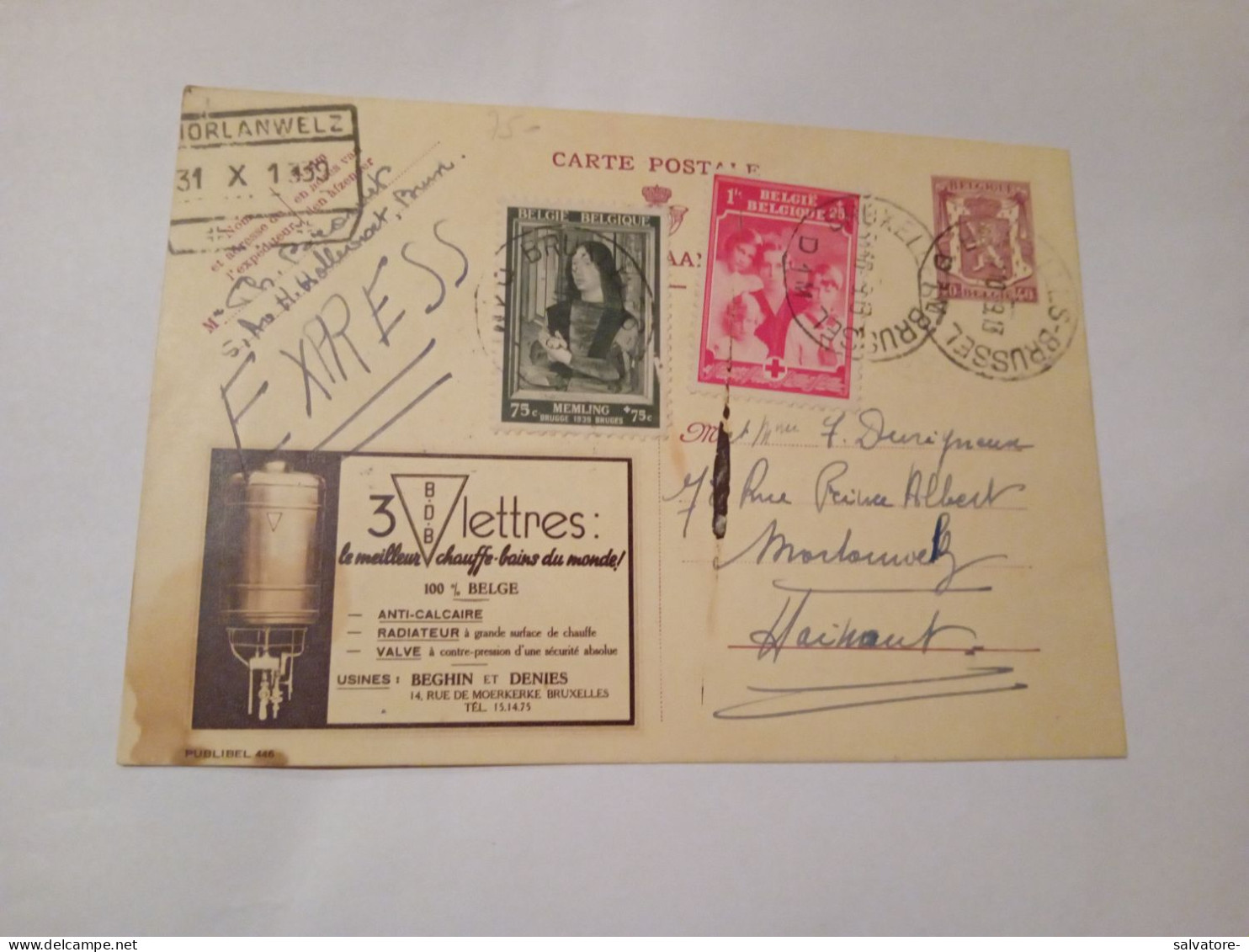 CARTOLINA POSTALE PUBBLICITARIA BELGIO CON AGGIUNTA ALTRI FRANCOBOLLI 1939 - Lettres & Documents