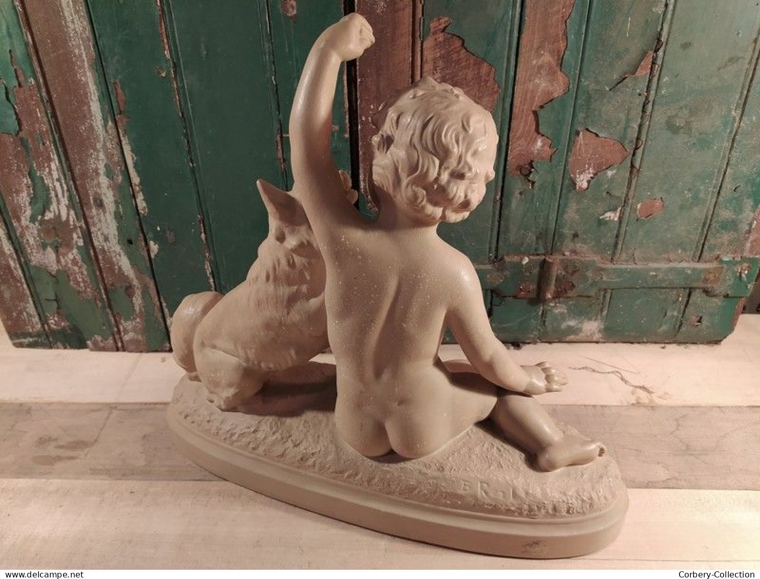 Sculpture Terre Cuite Enfant Jouant Avec Son Chien Ca1920 Signée Bohumil Rezl - Other & Unclassified