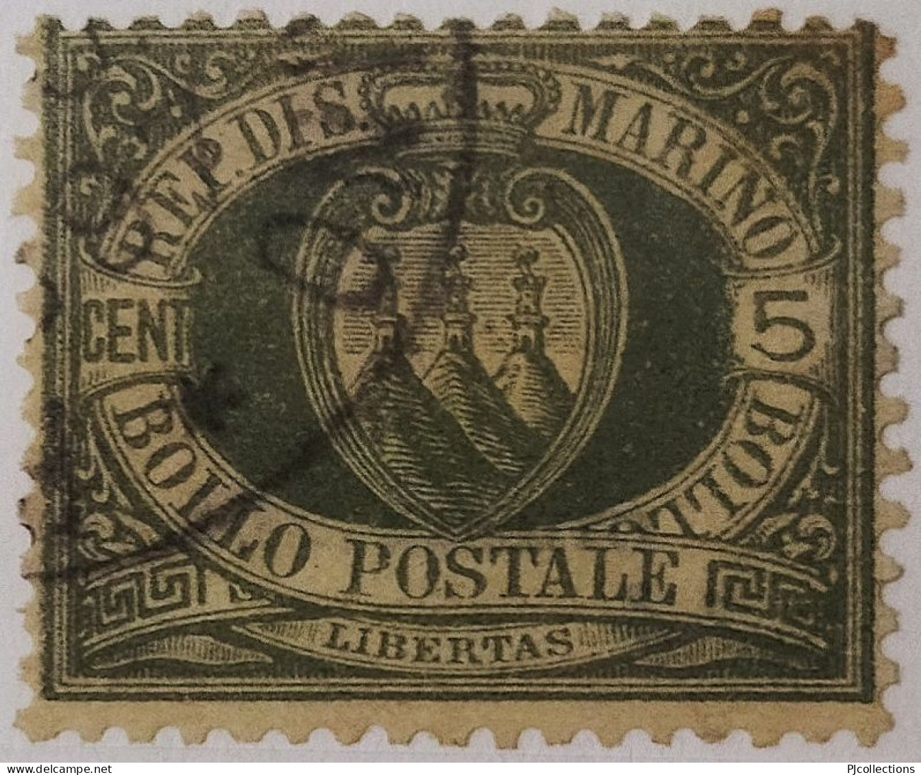 5005- SAN MARINO 1892 5 CENTS VERDE-GRIGIO USATO - USED - Used Stamps