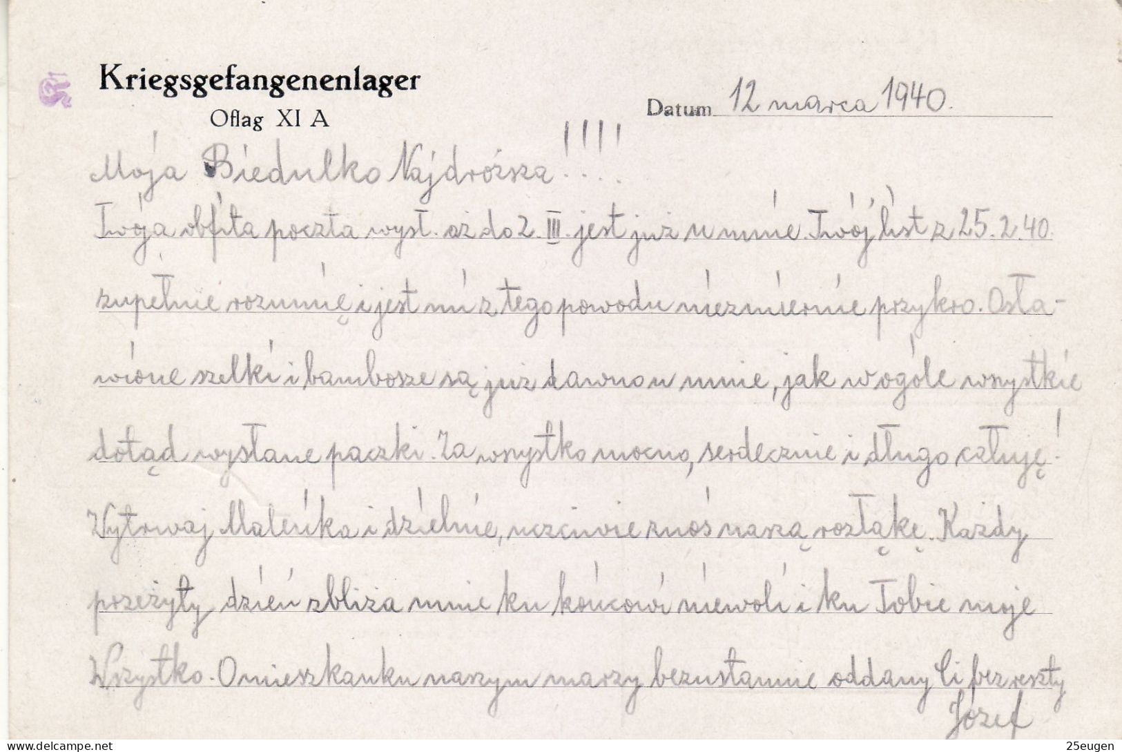PRISONERS OF WAR MAIL 1940 POSTCARD SENT FROM OFLAG XI A TO BYDGOSZCZ - Gevangenkampen