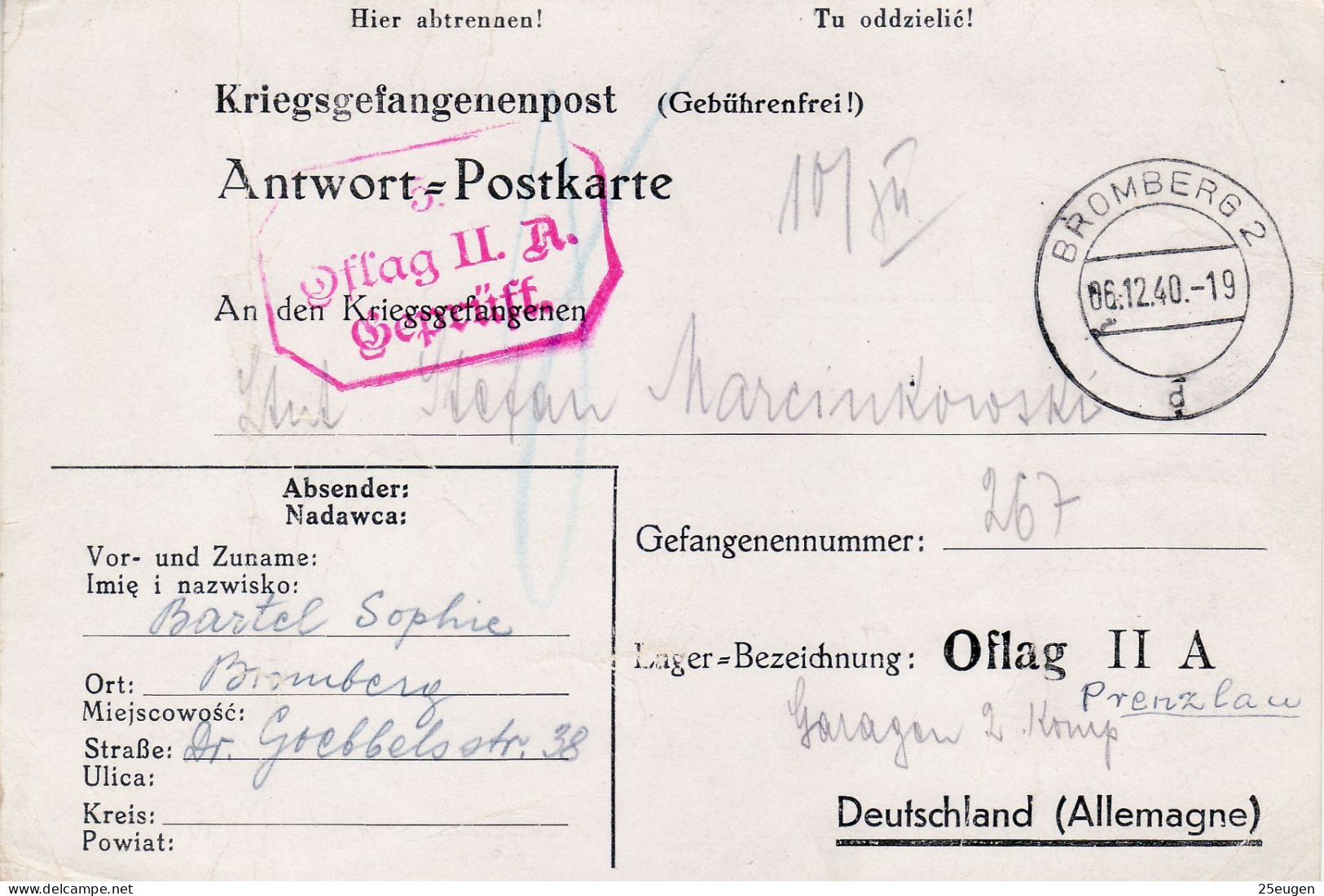 PRISONERS OF WAR MAIL 1940 POSTCARD SENT FROM  BYDGOSZCZ TO OFLAG II A - Gevangenkampen