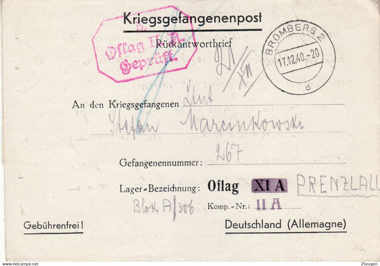 PRISONERS OF WAR MAIL 1940 LETTER SENT FROM  BYDGOSZCZ TO OFLAG II A - Gefängnislager