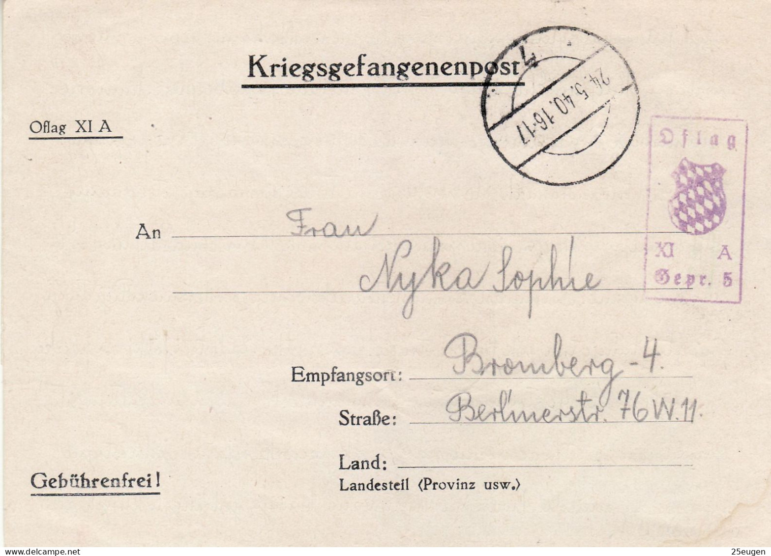 PRISONERS OF WAR MAIL 1940 LETTER SENT FROM  OFLAG XI A  TO BYDGOSZCZ - Camps De Prisonniers