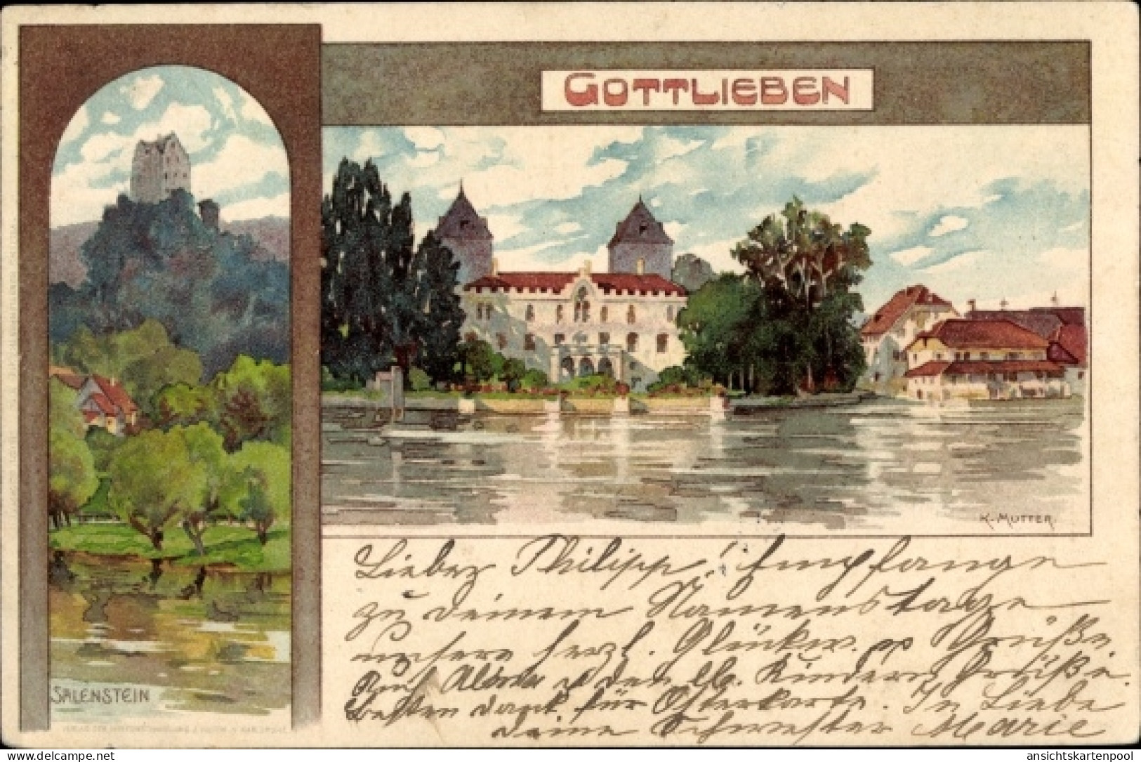 Artiste Lithographie Mutter, K., Gottlieben Kanton Thurgau, Schloss, Salenstein - Gottlieben