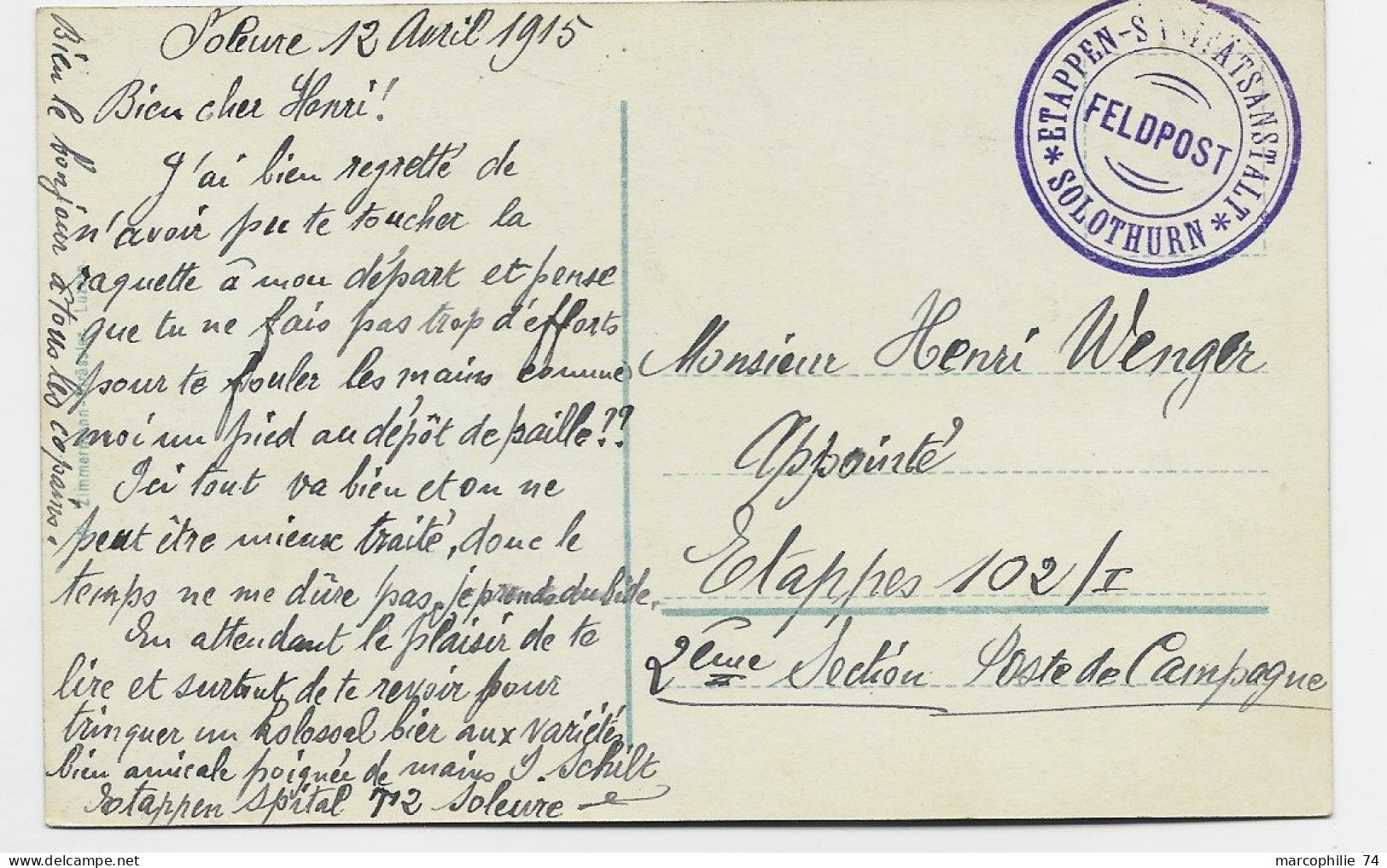 HELVETIA SUISSE SOLOTHURN CARTE + ETAPEN FELPOST 12.4.1915 TO ETAPES - Poststempel