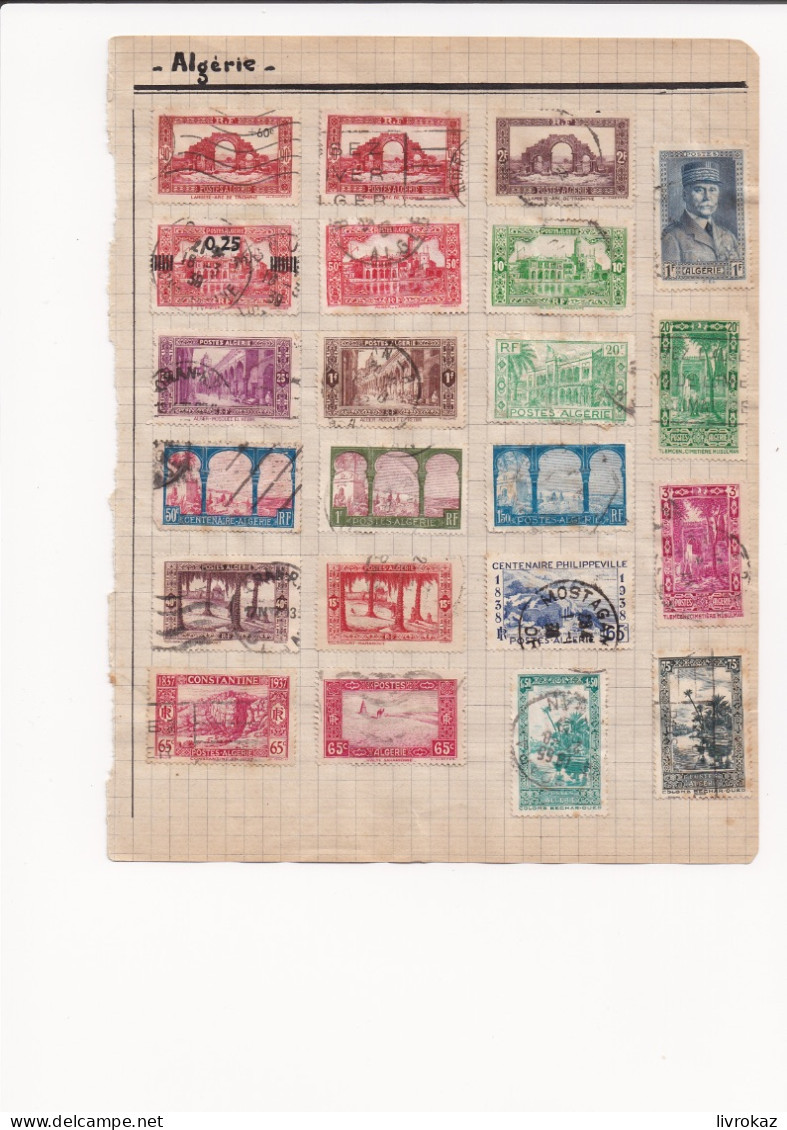 Lot De 22 Timbres Algérie Oblitérés Fixés Sur Une Feuille Avec Charnière Centenaire Philippeville, Constantine, Tlemcen - Collections, Lots & Séries