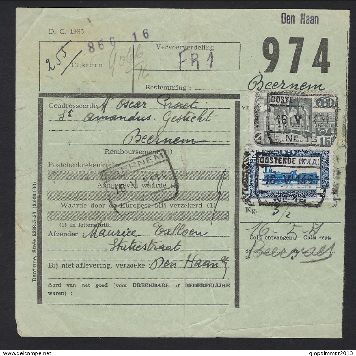 Spoorwegdoc, Afgiftepunt DEN HAAN (griffe) Via Afst. OOSTENDE (KAAI) 18/5/1951 Naar BEERNEM ; Zie Scan ! LOT 263 - Documenti & Frammenti