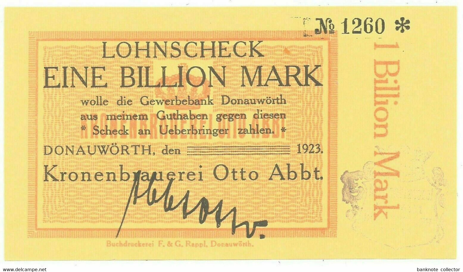 Deutschland, Germany, Donauwörth - Kronenbrauerei Otto Abbt. - 1 Billionen Mark, 1923 ! - 1 Billion Mark