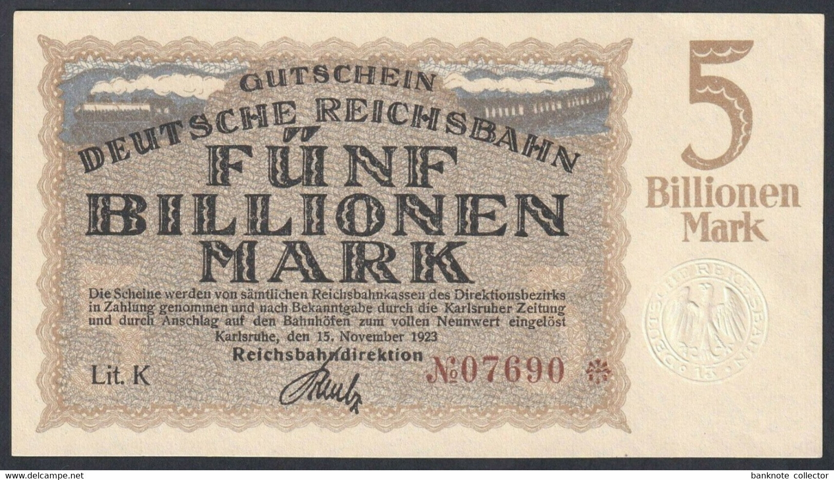 Deutschland, Germany, Reichsbahndirektion Karlsruhe - 5 Billion Mark, 1923 ! - 5 Biljoen Mark