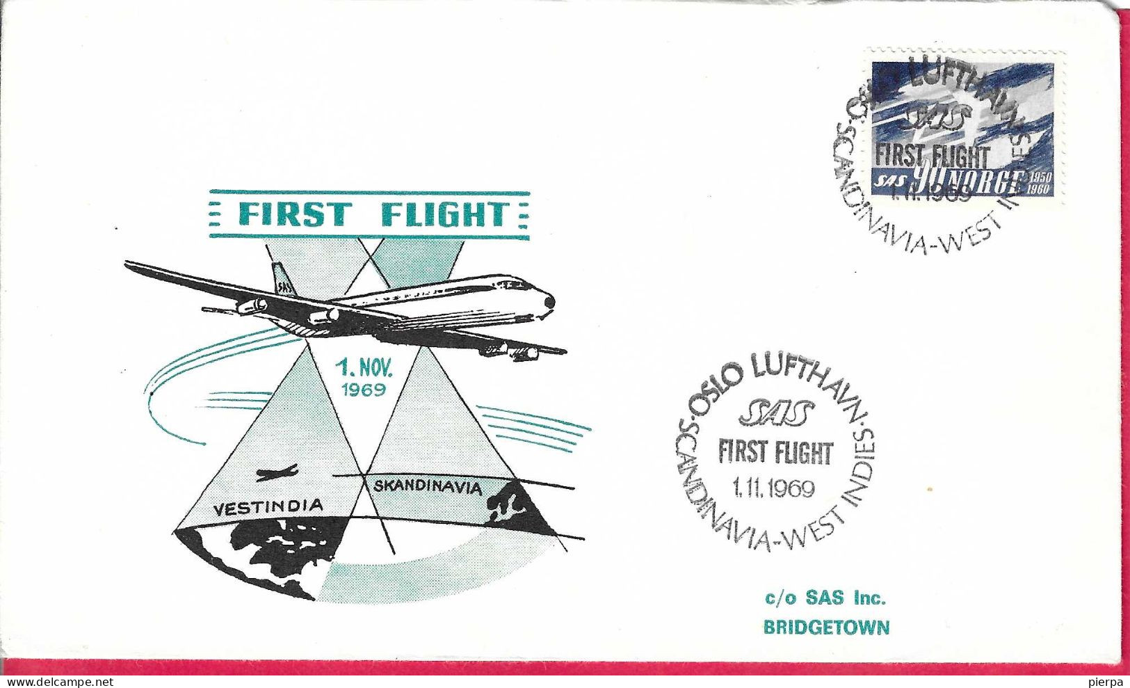 NORGE - FIRST FLIGHT SAS FROM OSLO*1.11.1969* TO BARBADOS ON OFFICIAL COVER - Covers & Documents