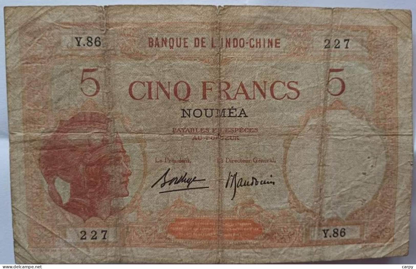 NEW CALEDONIA Noumea 5 Francs 1926 / Bank Of IndoChina / Circulated / 5 Small Marginal Tears + 1 In The Center / RARE - Indocina