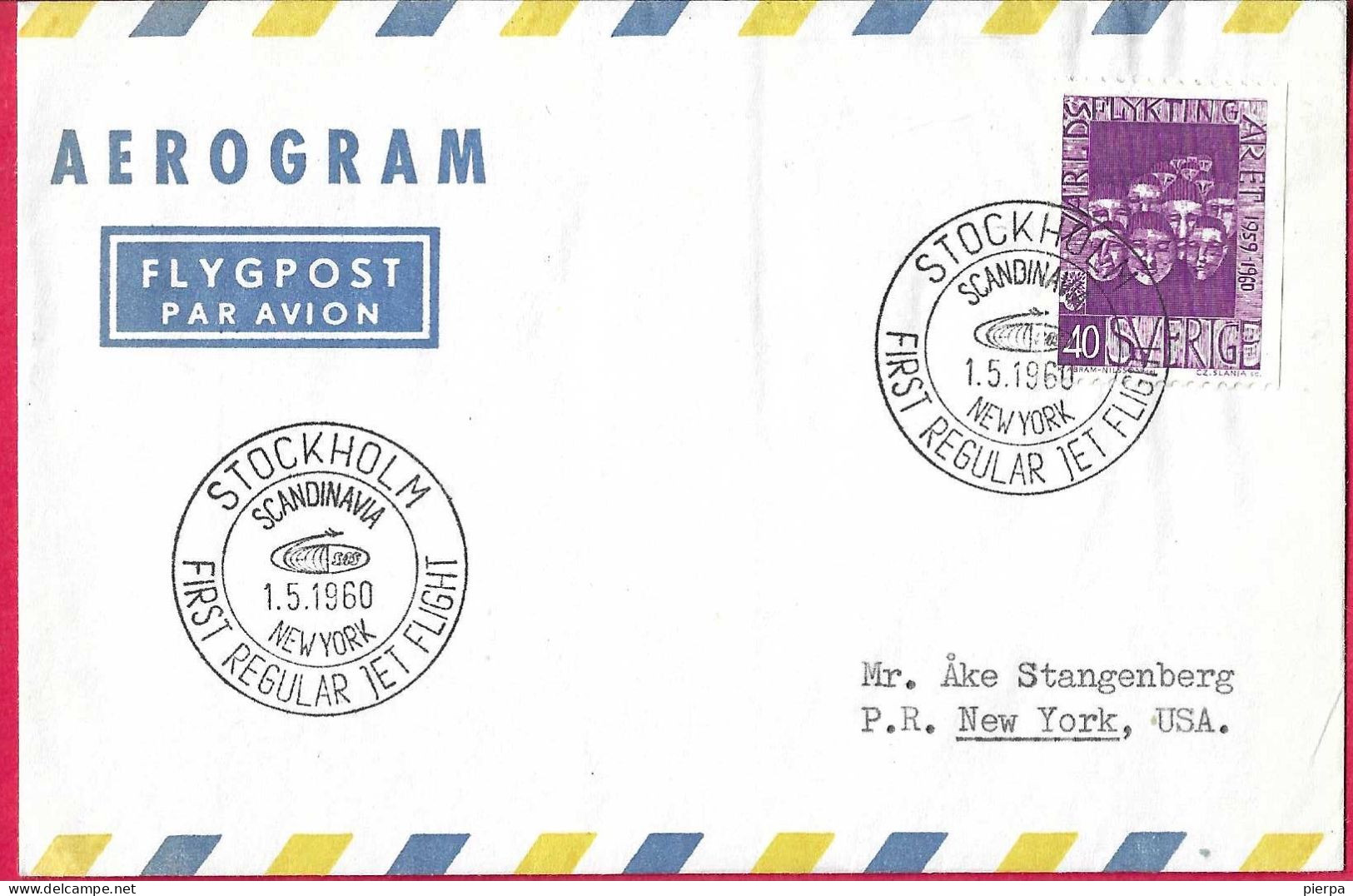 SVERIGE - FIRST REGULAR JET FLIGHT SCANDINAVIA FROM STOCKHOLM TO NEW YORK *1.5.1960* ON AEROGRAM COVER - Briefe U. Dokumente