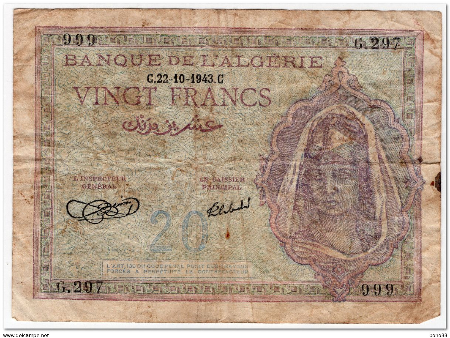 ALGERIA,20 FRANCS,1943,P.92a,aF - Algérie