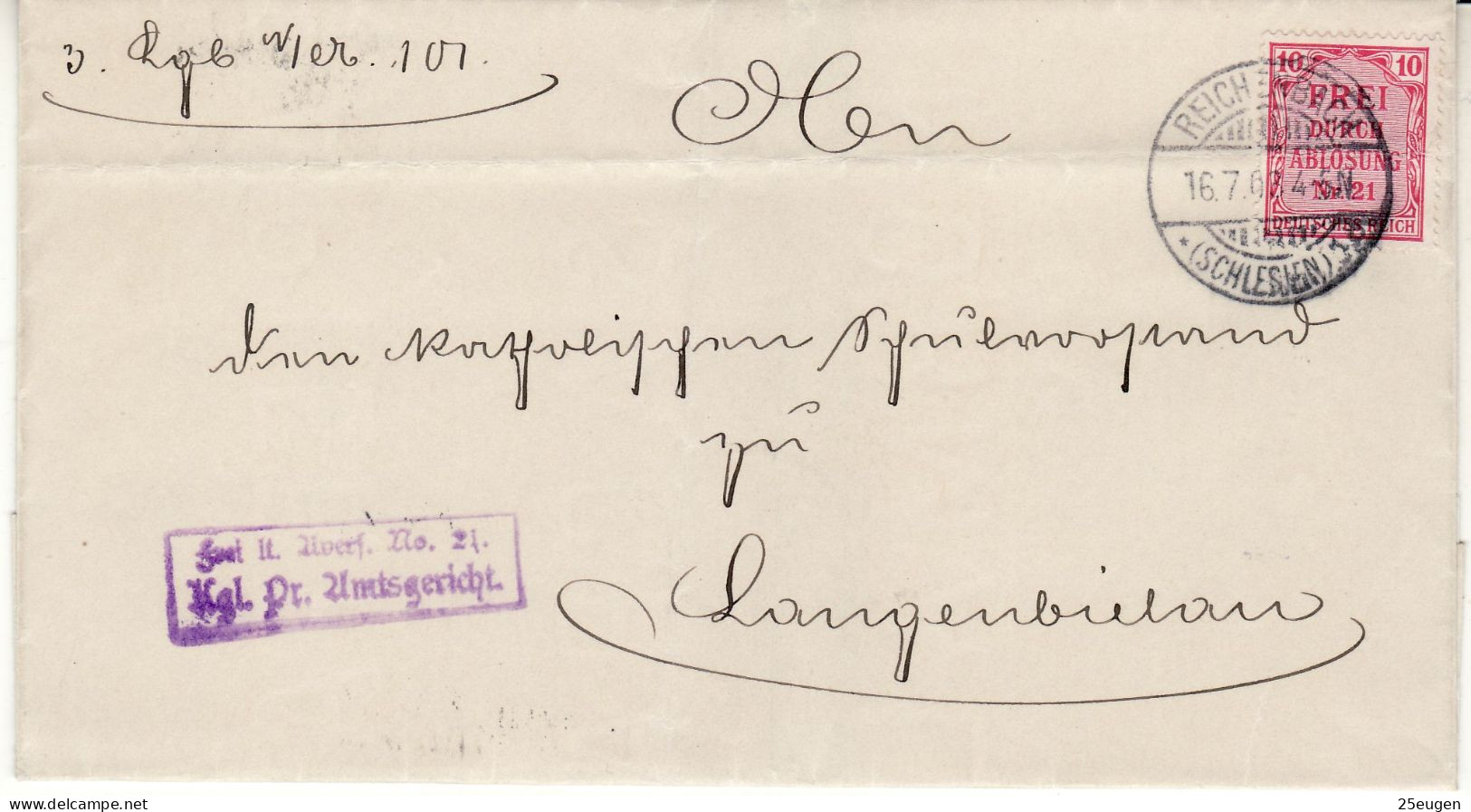 POLAND / GERMAN ANNEXATION 1902  LETTER  SENT FROM DZIERŻONIÓW / REICHENBACH / TO BIELAWA / LANGENBIELAU / - Cartas & Documentos