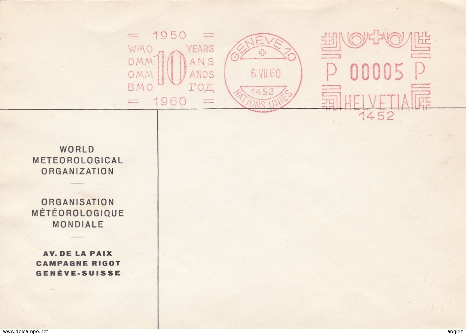 Switzerland / United Nations - 1960 WMO / OMM Anniversary Slogan Postmark On Cover - Storia Postale