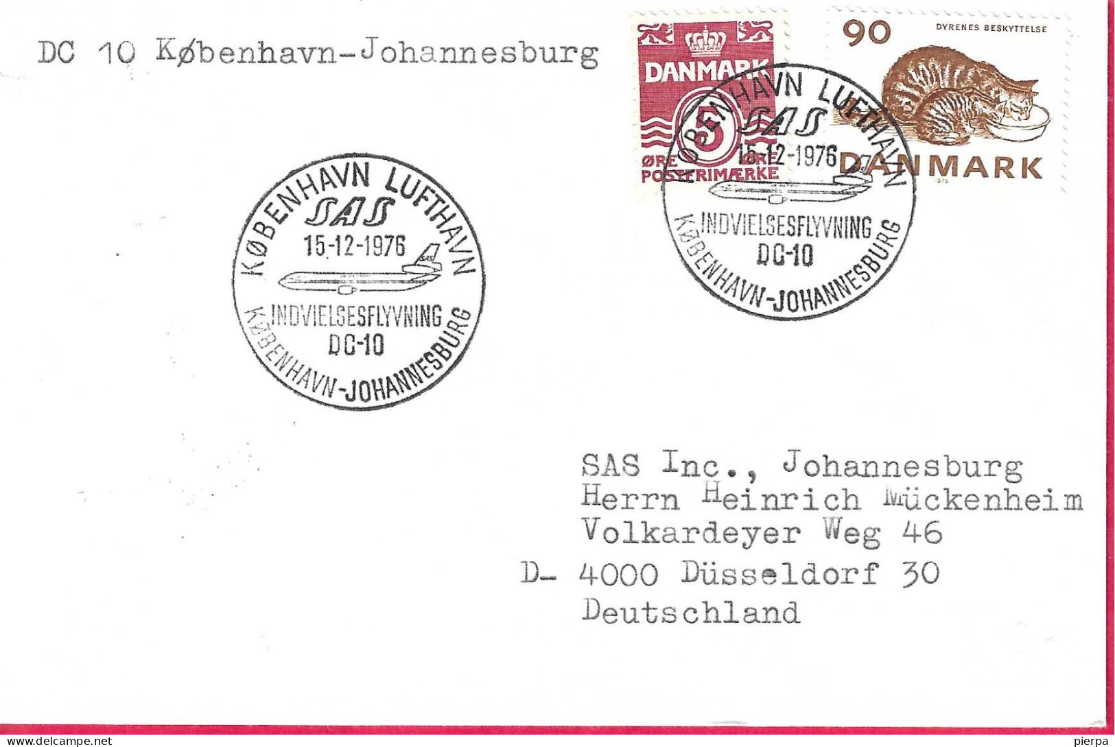 DANMARK - FIRST DC-10 FLIGHT - SAS - FROM KOBENHAVN TO JOHANNESBURG *15.12.1976* ON COVER - Luchtpostzegels