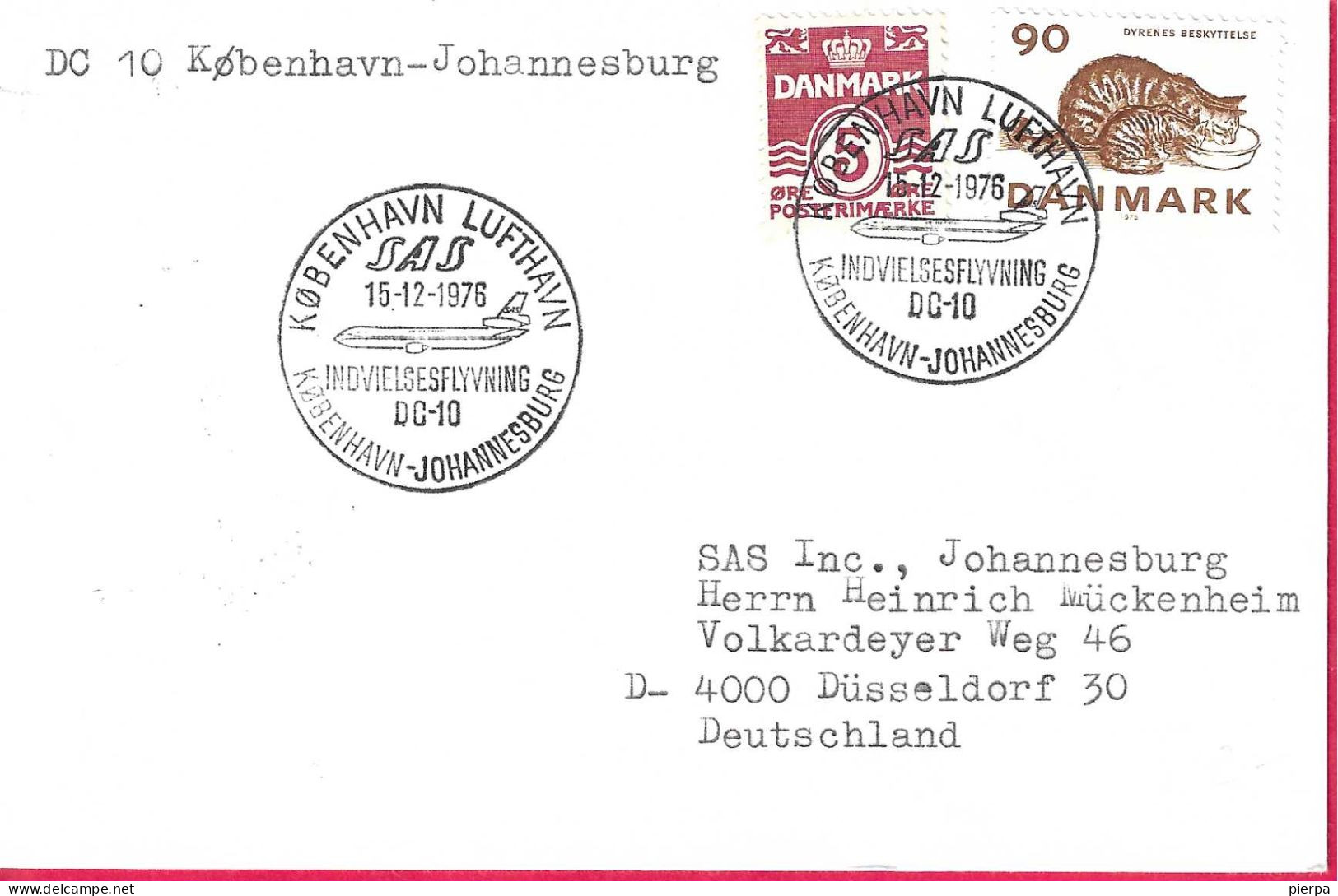 DANMARK - FIRST DC-10 FLIGHT - SAS - FROM KOBENHAVN TO JOHANNESBURG *15.12.1976* ON COVER - Luftpost