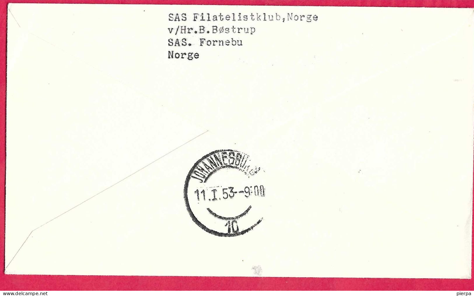 DANMARK - FIRST FLIGHT - SAS - FROM KOBENHAVN TO JOHANNESBURG *8.1.1953* ON OFFICIAL COVER - Luftpost