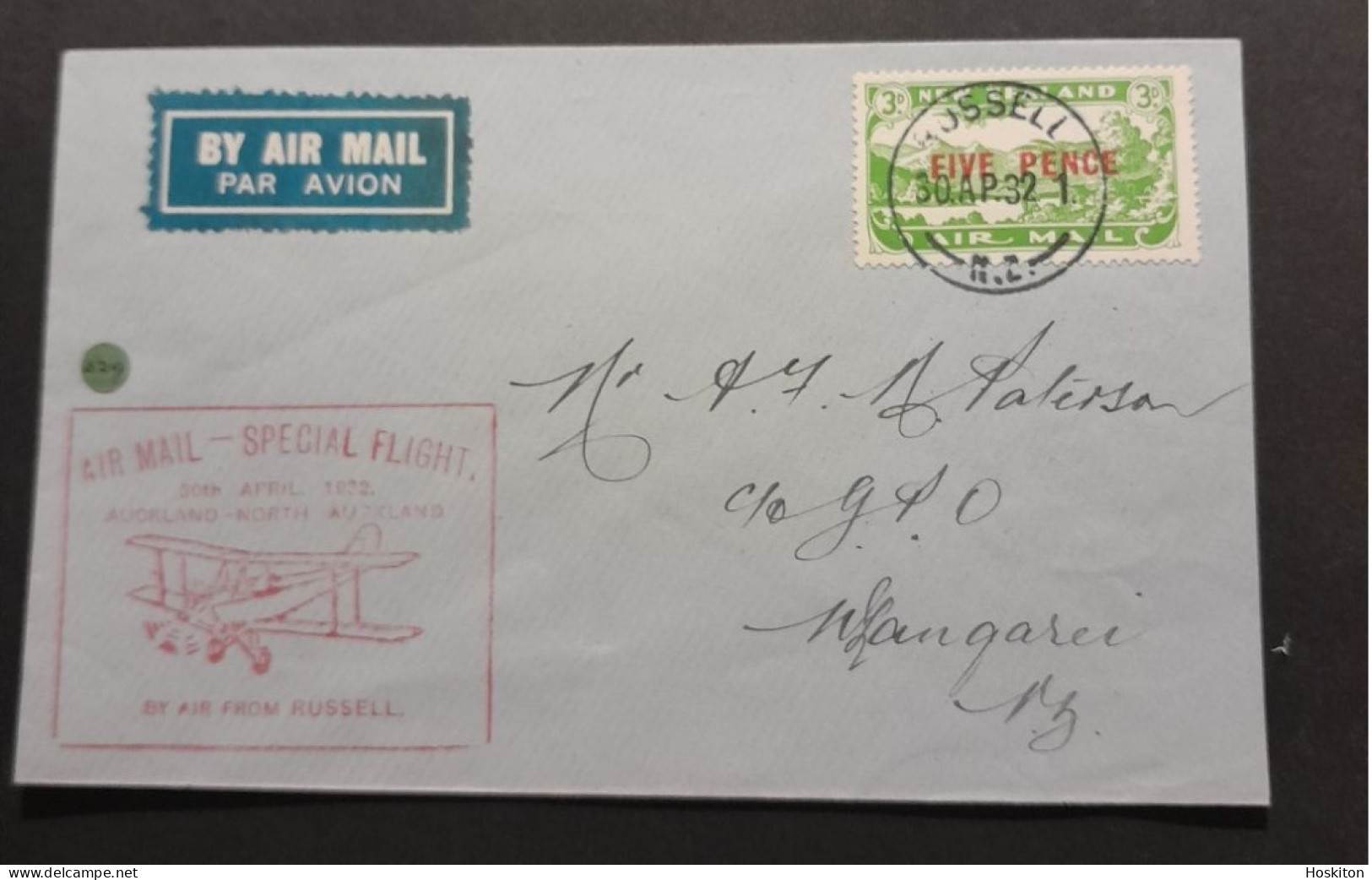 30 April 1932Auckland -North Auckland And Return Survey Flight -Russell-Whangarei Leg - Cartas & Documentos