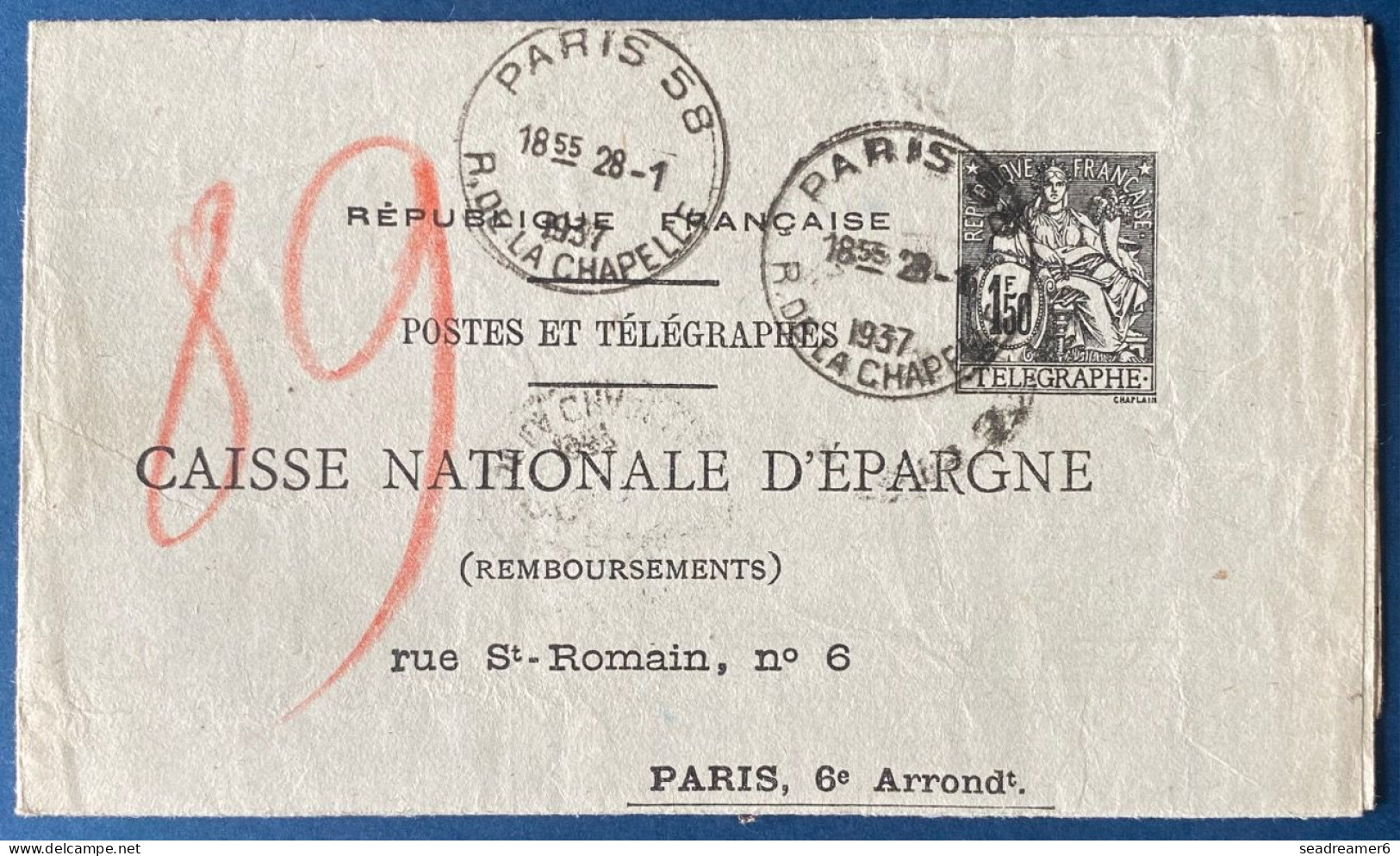 France 1937 Entier Postal Chaplain 1.50 F Noir Double Obl Dateur "PARIS 58 /R.DE LACHAPELLE" Format 278 X 238 Mm CHA P4 - Pneumatici