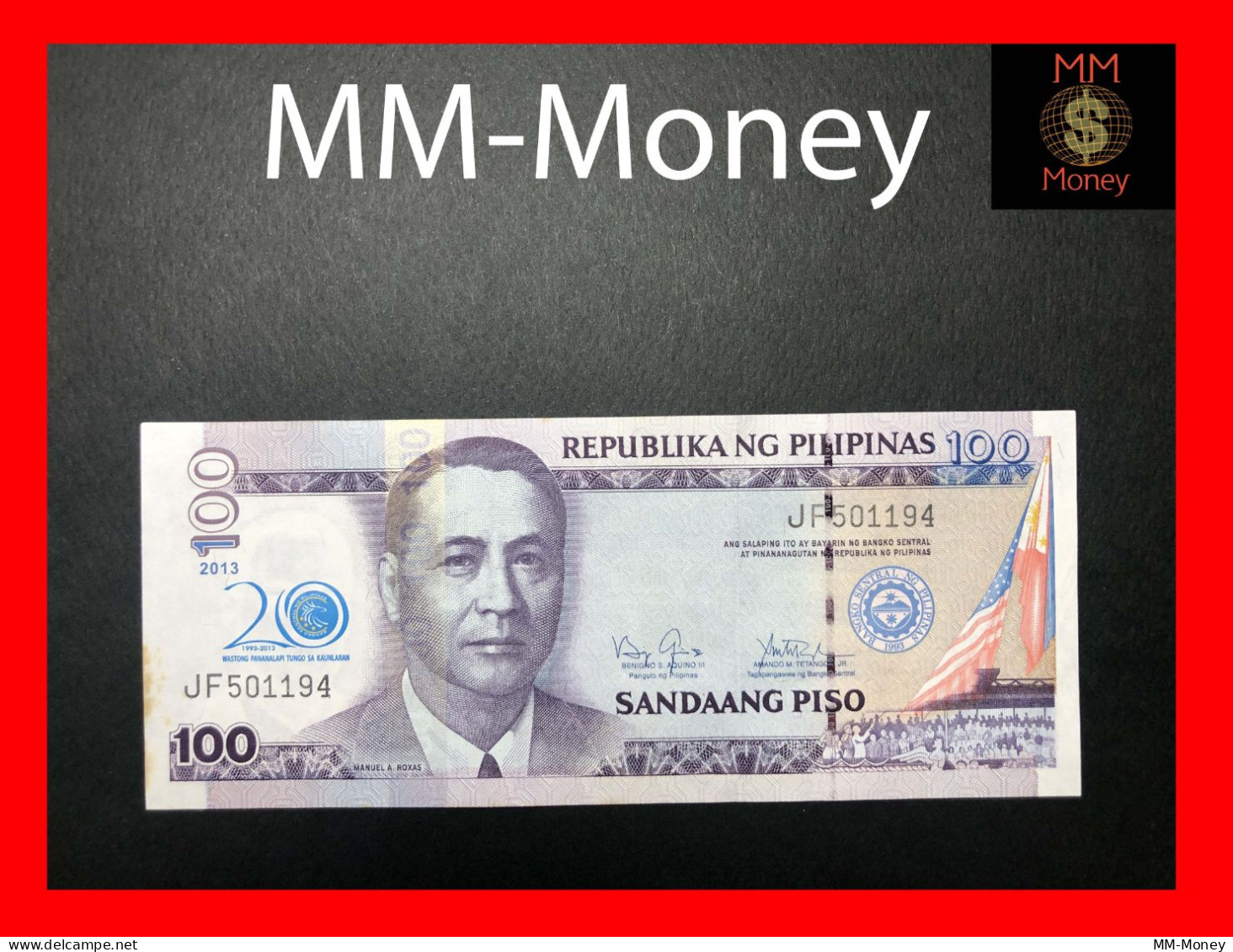 PHILIPPINES 100 Piso  2013  P. 218   **commemorative  20 Years Bangko Central**  Spots  UNC - Philippines