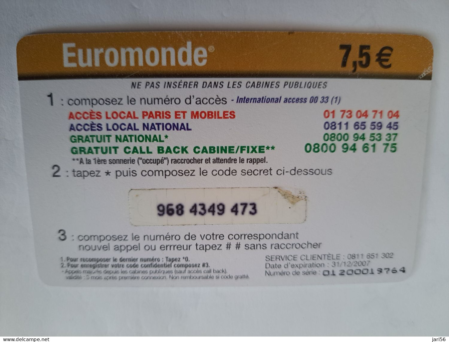 FRANCE/FRANKRIJK  / €7,5 / EUROMONDE/ GOLD/ ARSACOM      / PREPAID  USED    ** 14711** - Nachladekarten (Handy/SIM)