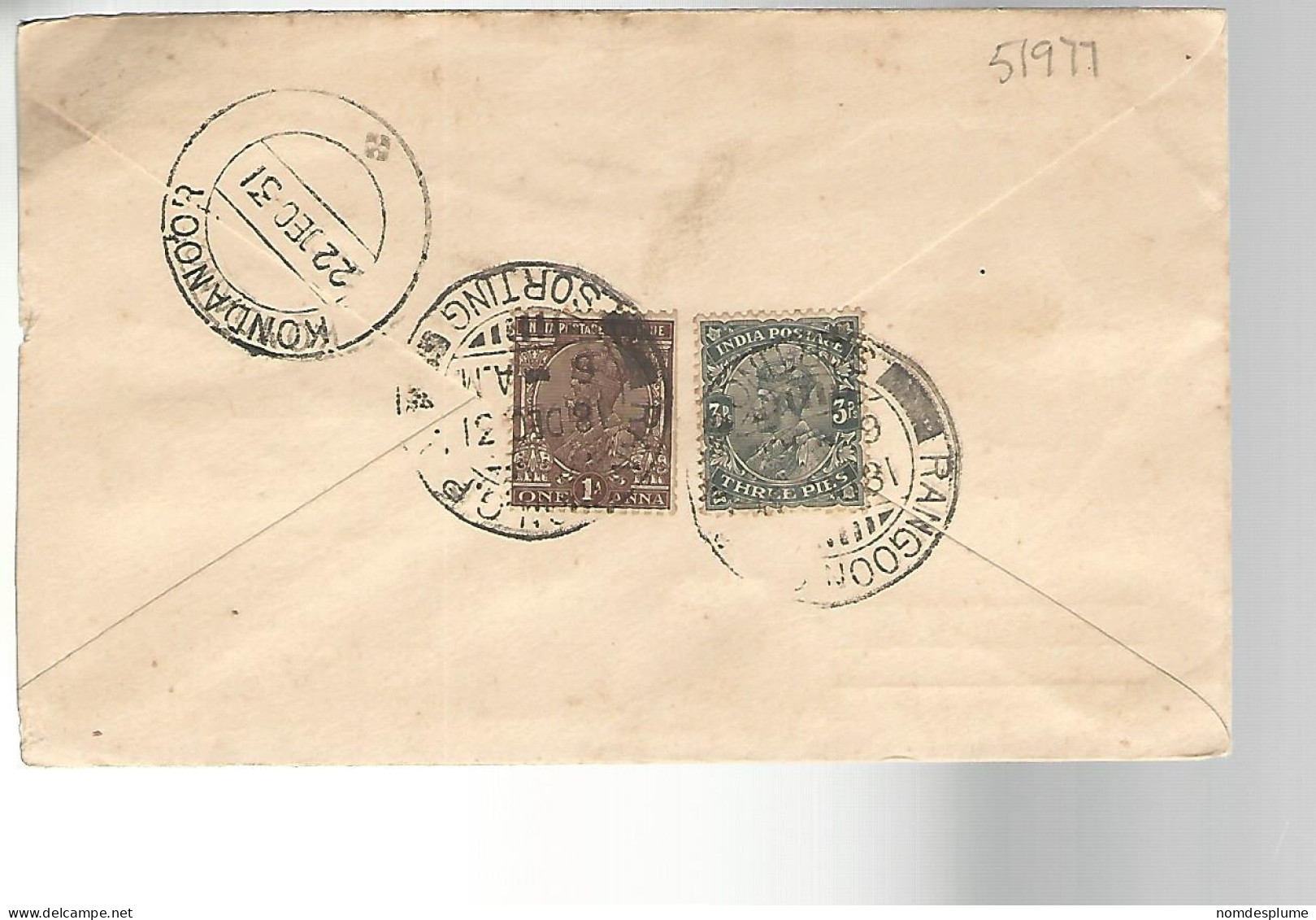 51977) Cover India Postmark Kondanoor Rangoon 1931 - Omslagen