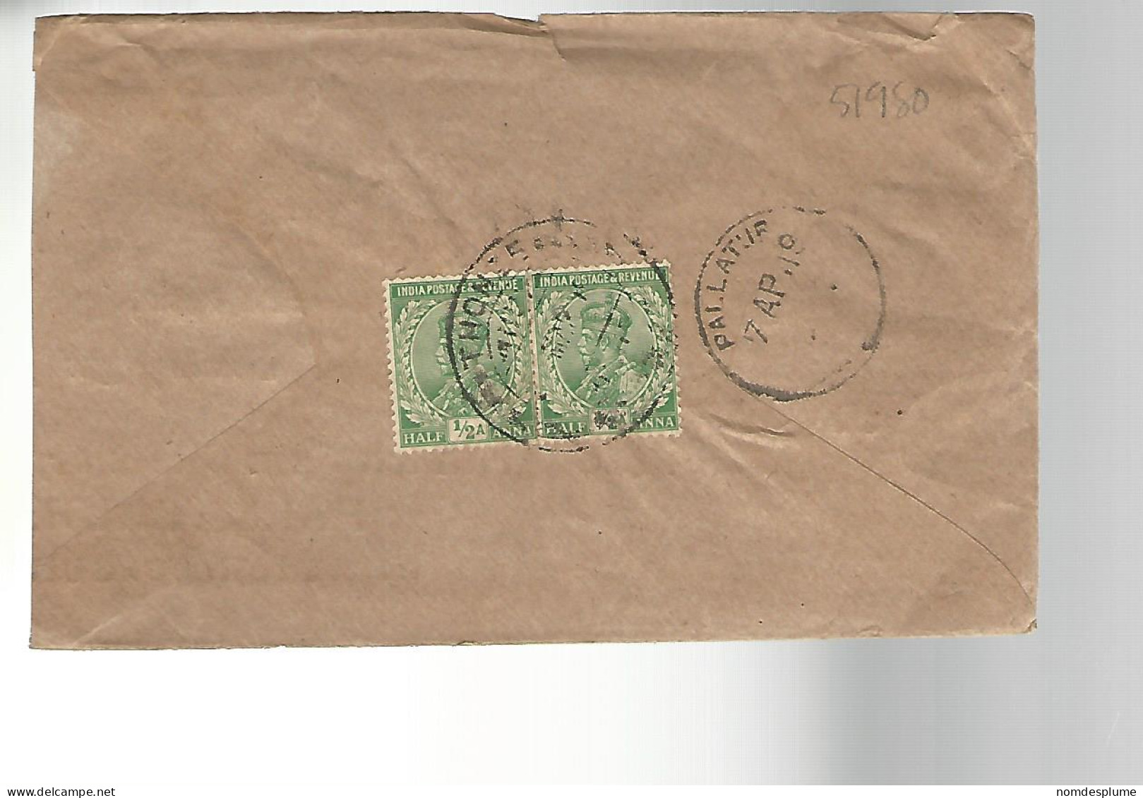 51980 ) Cover India Postmark Pallatur 1919 - Enveloppes