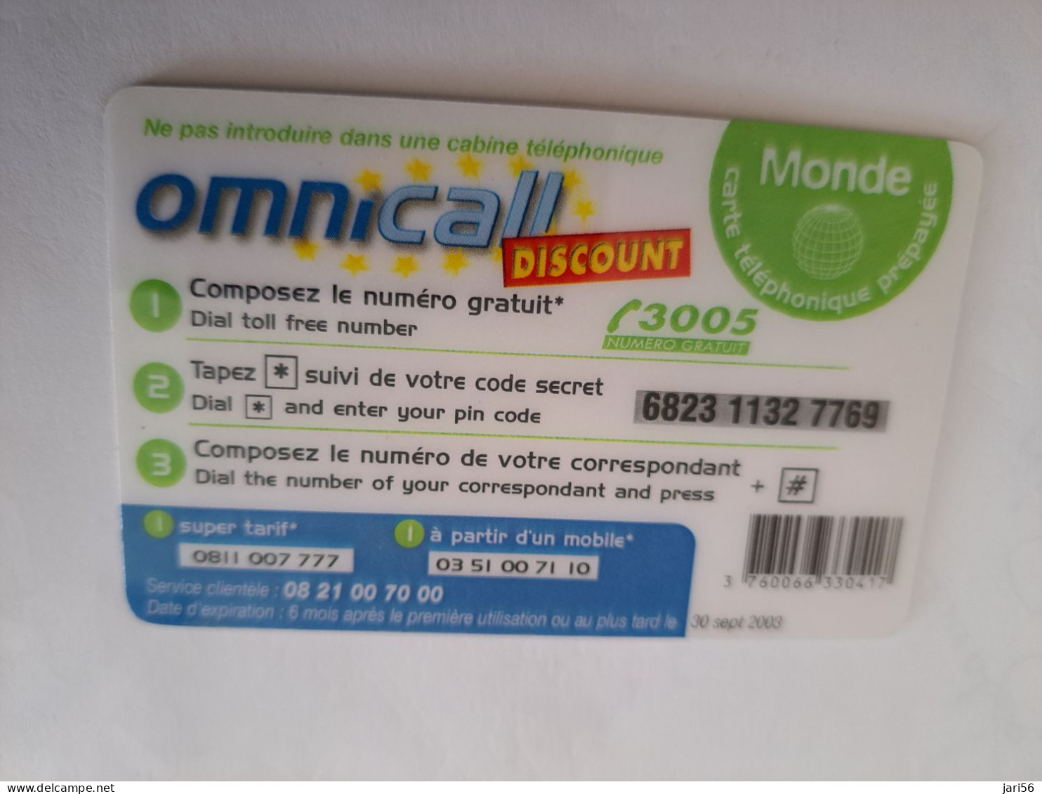 FRANCE/FRANKRIJK  / € 7,5 / OMNICALL MONDE / DISCOUNT     / PREPAID  USED         ** 14724** - Nachladekarten (Handy/SIM)