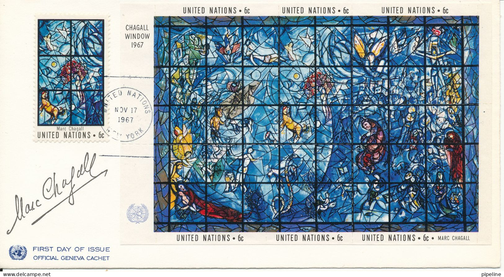 USA UN New York FDC 17-11-1967 Chagall Window Stamp + Minisheet On 1 Cover - Covers & Documents