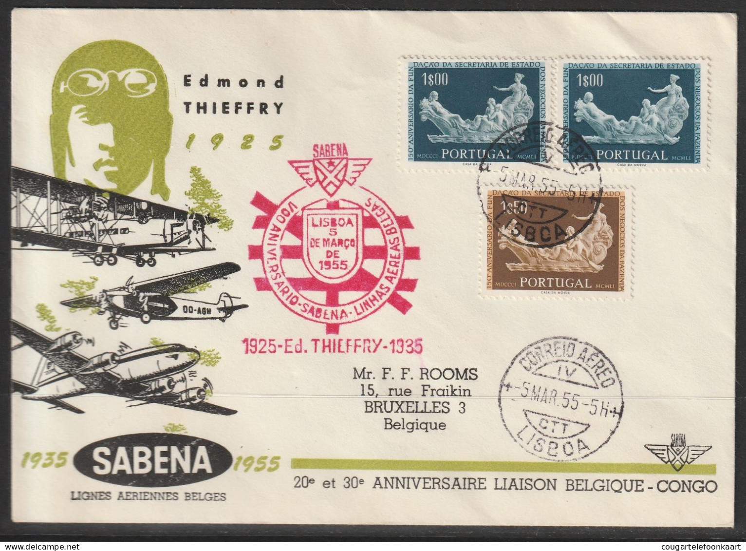 1955, Sabena, Special Flight Cover, Lisboa-Bruxelles, Feeder Mail - Otros & Sin Clasificación