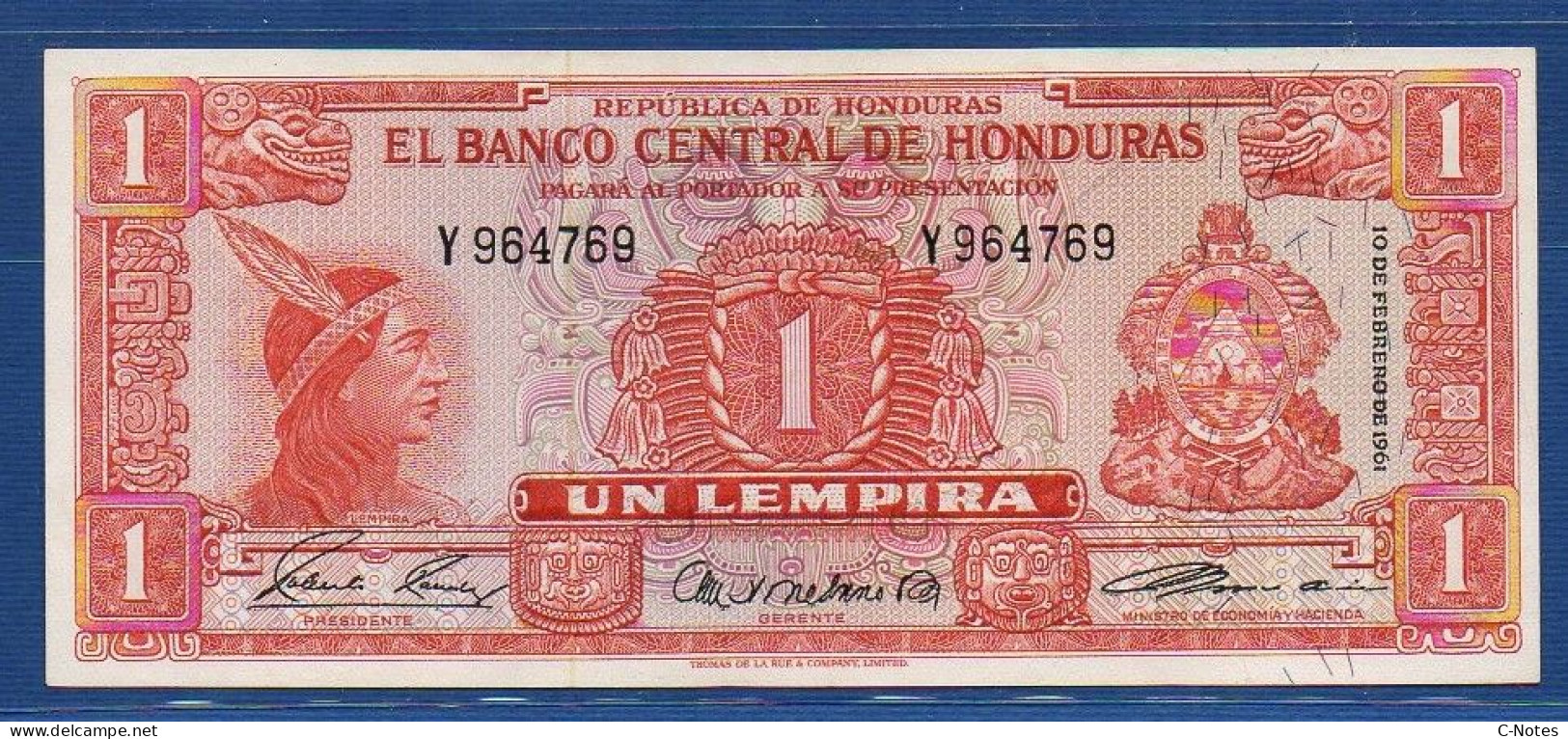 HONDURAS - P. 54Aa – 1 Lempira 10.02.1961 UNC, S/n Y964769 - Honduras