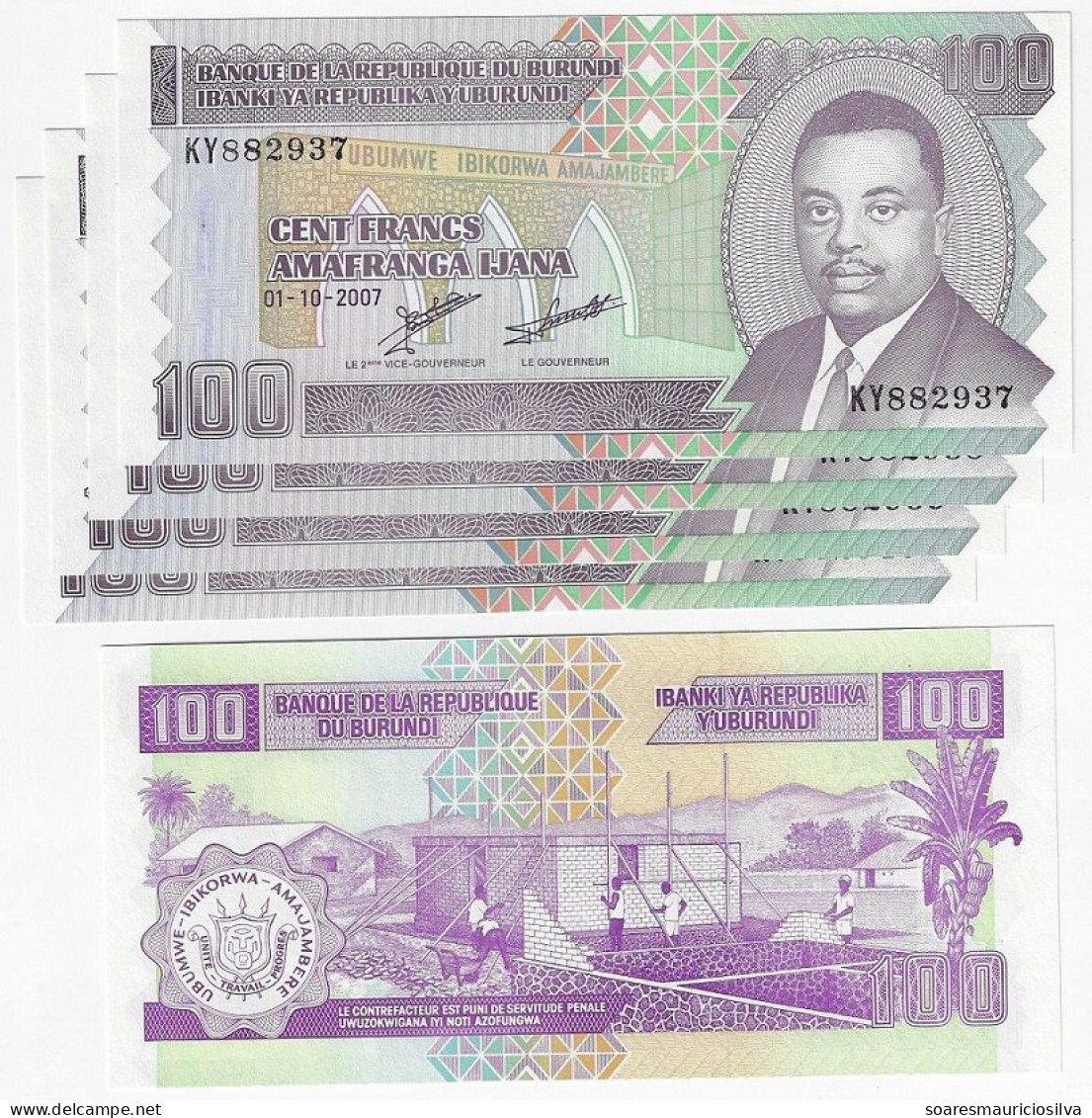 5x Banknote Burundi 100 Francs 2007 Pick-37f Uncirculated (catalog US$15) - Burundi