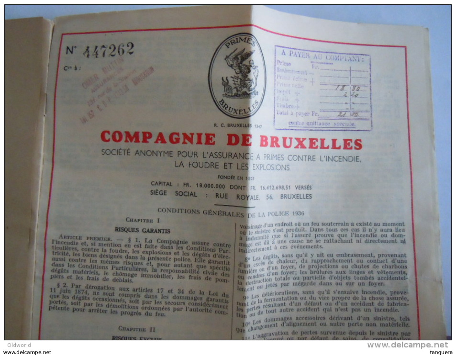 Belgïe Belgique 25.04.1944 Police D'assurance Incendie Polis Brand Verzekering Compagnie De Bruxelles - Banca & Assicurazione