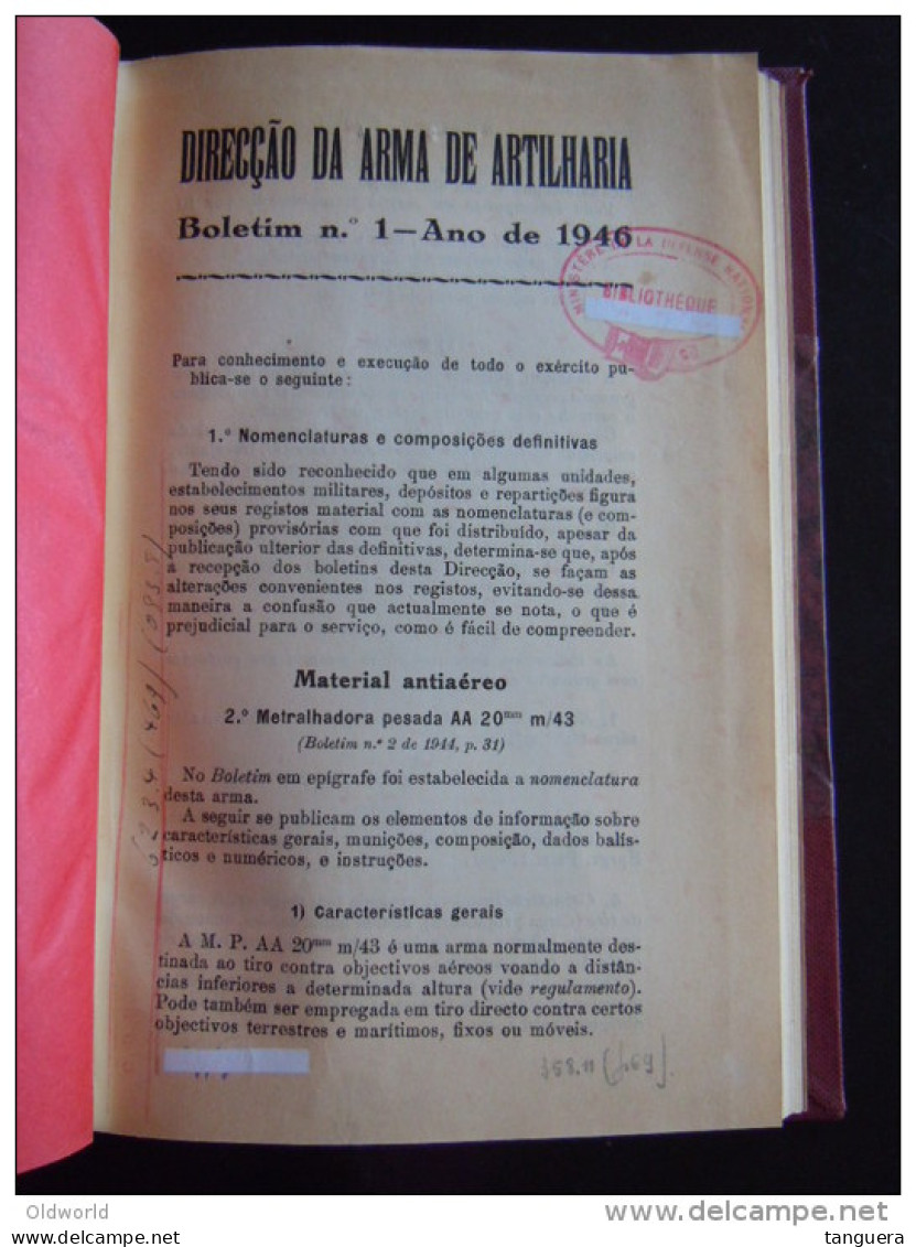Direcçao Da Arma De Artilharia 1946 Livre Sur L'utilisation De L'artillerie Ministério Da Guerra Lisboa - Andere & Zonder Classificatie