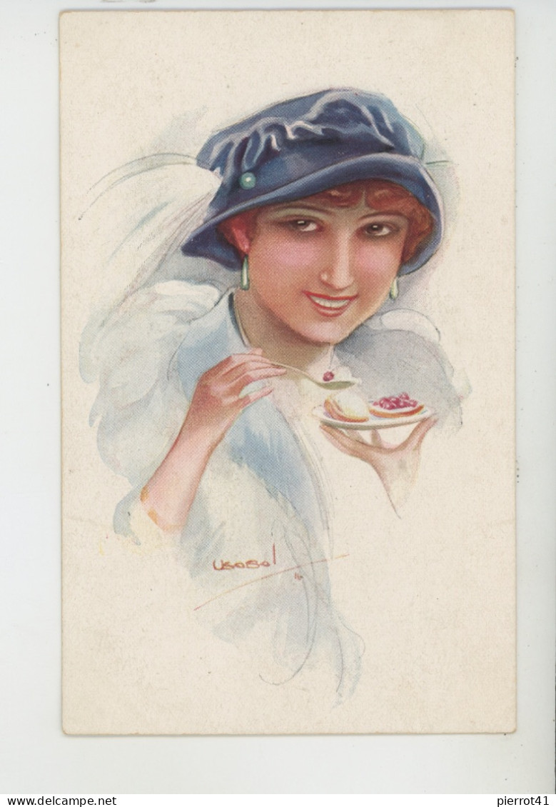 Illustrateur USABAL - MODE - CHAPEAUX - Jolie Carte Fantaisie Portrait Femme Dégustant Des Pâtisseries - Usabal