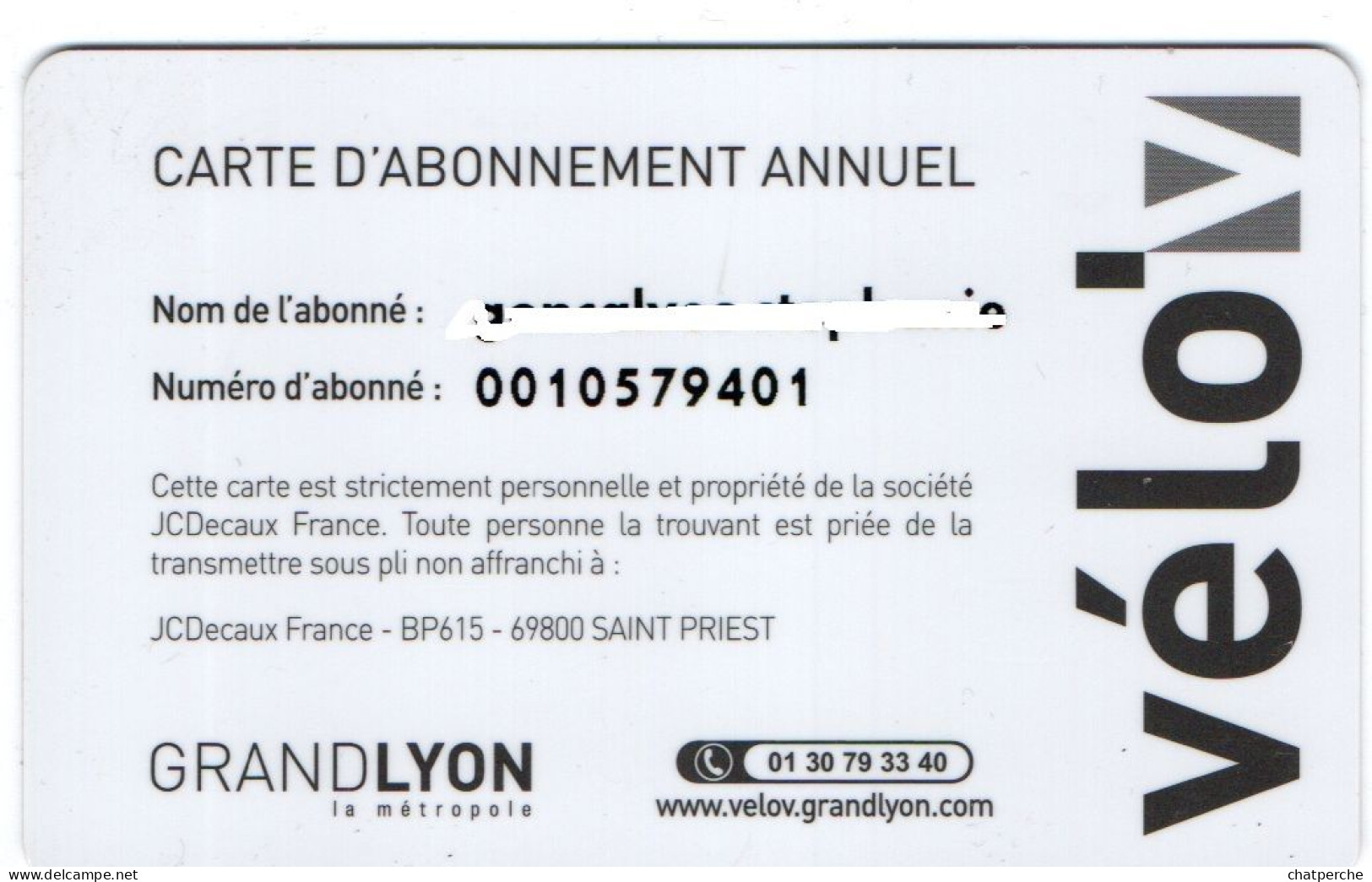 POUR COLLECTIONNEUR CARTE LOCATION VELO EN LIBRE SERVICE VELO'V LYON 69 RHONE - Altri & Non Classificati