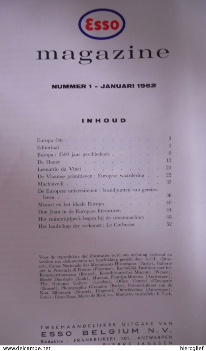ESSO Magazine Nr 1 Jan 1962 Thema = Europa : Da Vinci Mozart Le Corbusier Vlaamse Primitieven Ruimtetijdperk De Hanze - Other & Unclassified