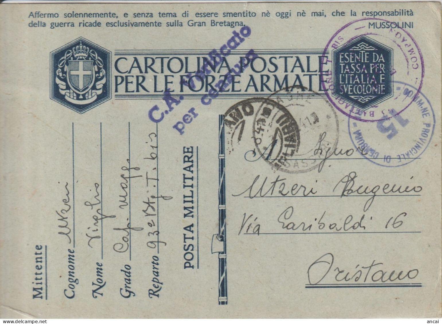 Ploaghe. 1941.Cartolina Postale Da Ploaghe Ad Oristano. 93^BATTAGLIONE T. BIS. C.A. VERIFICATO PER CENSURA - Police & Gendarmerie