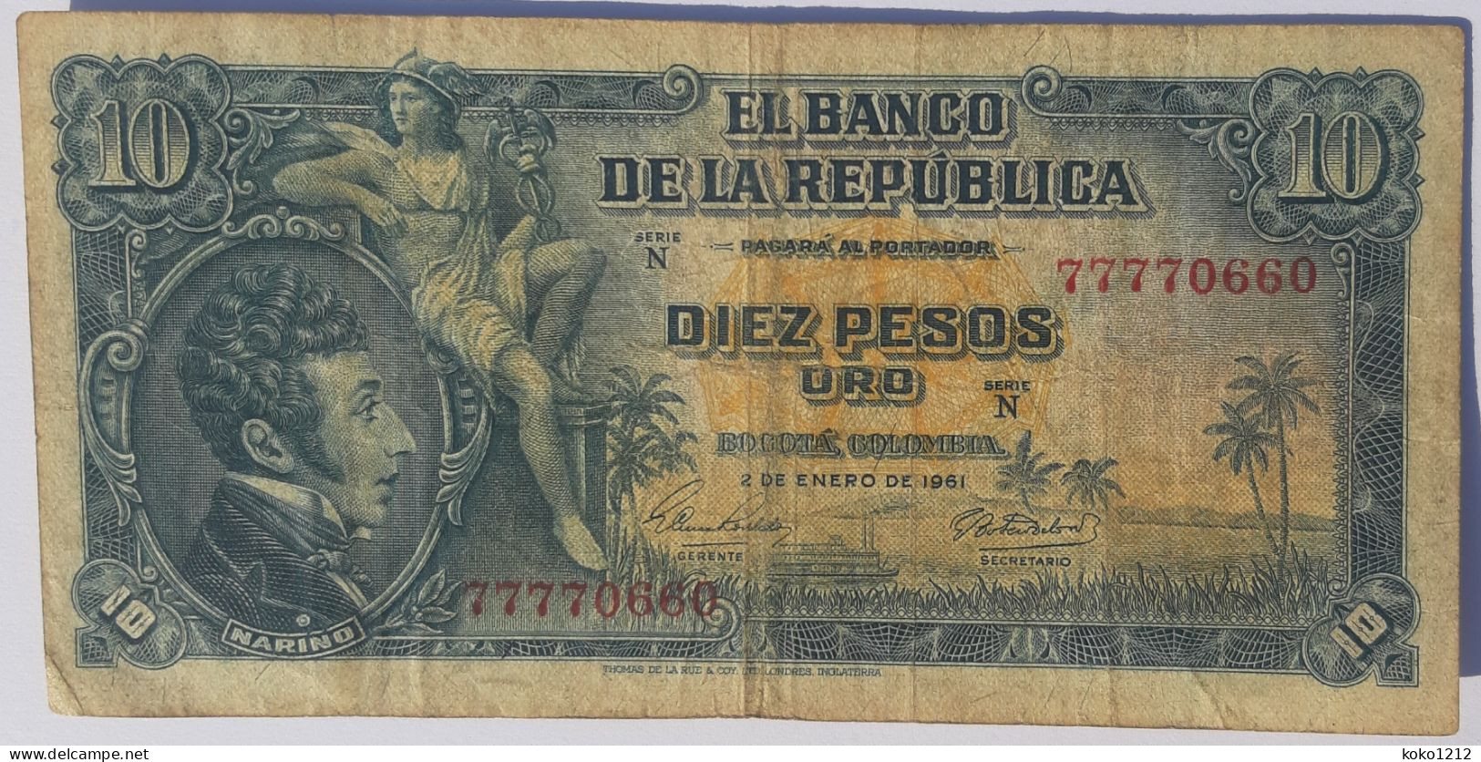 Colombia 10 Pesos Oro 1961 P400 VF+ - Colombie