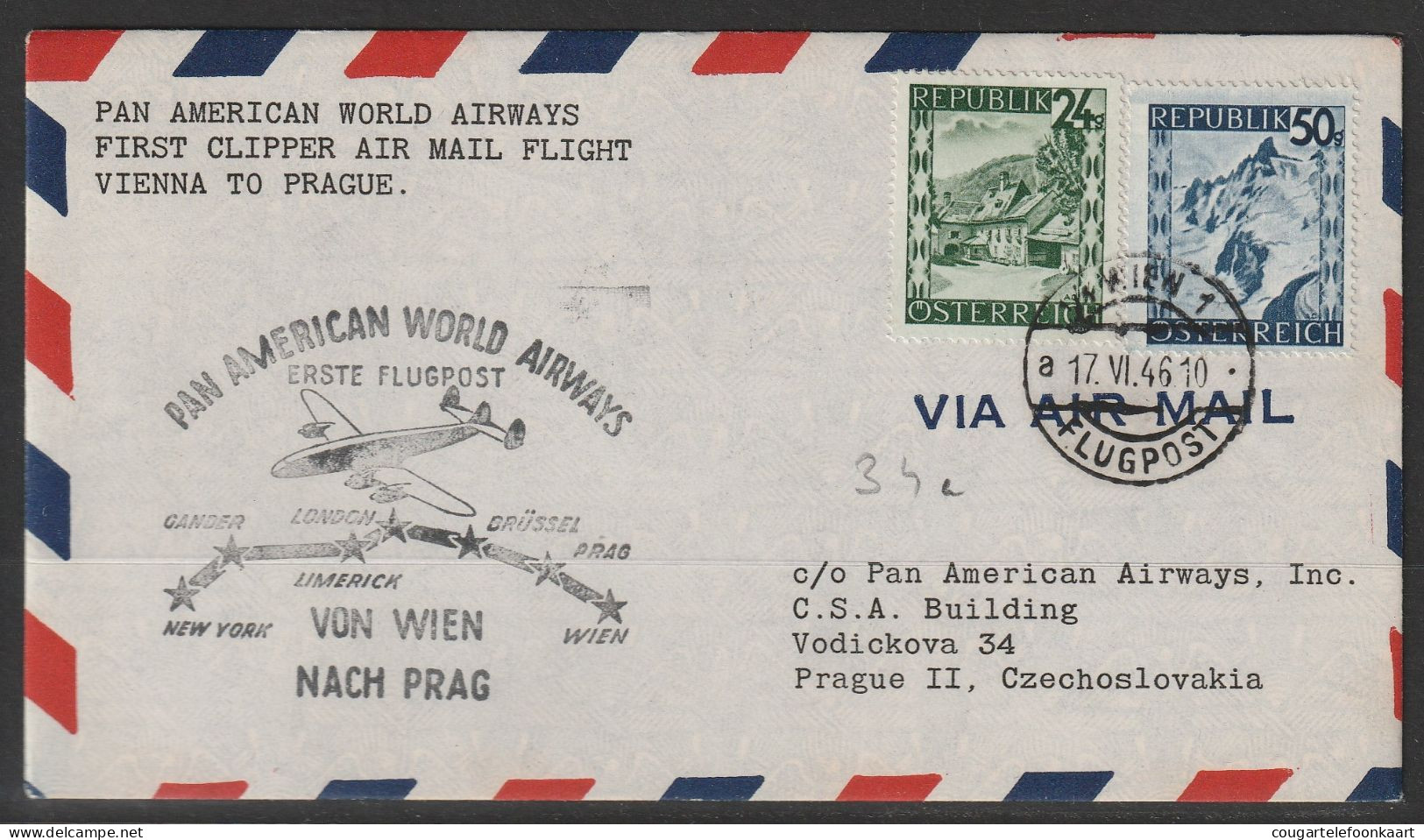 1946, PANAM, Erstflug, Wien-Prague - First Flight Covers