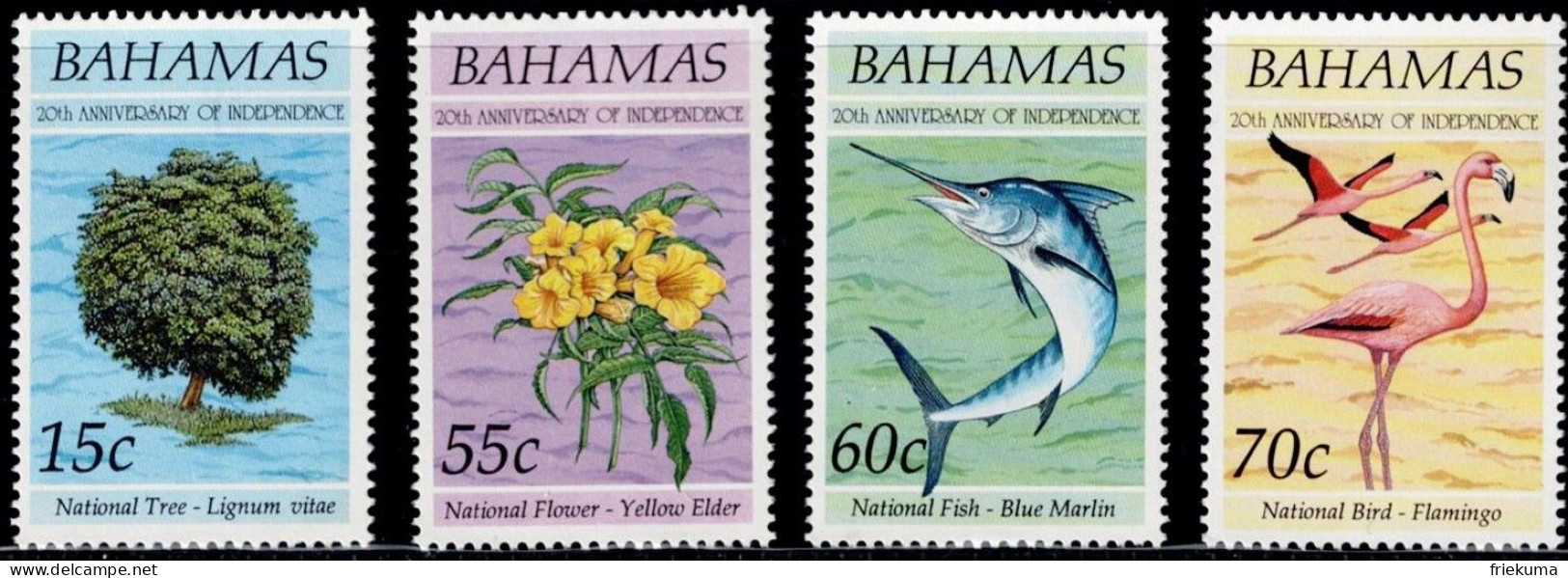 Bahamas 1993, Birds: Roter Flamingo (Phoenicopterus Ruber Ruber), Fish: Makaira Ampla, Tecoma Stans, Etc., MiNr. 813-816 - Flamingo