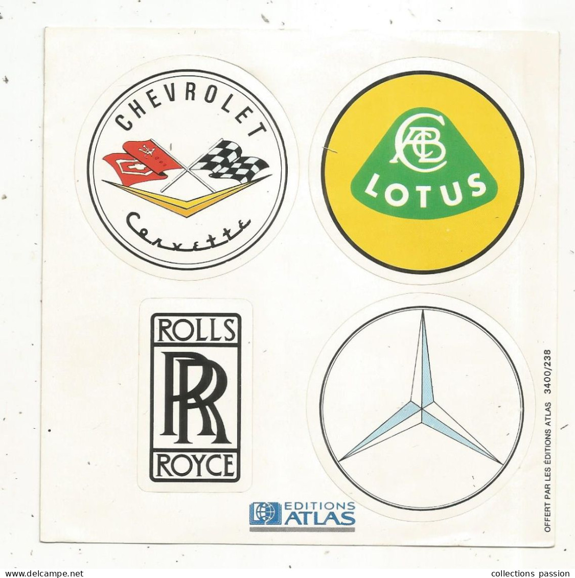 Planche De 4 Autocollants, Ed. Atlas, CHEVROLET  LOTUS  ROLS ROYCE  MERCEDES, Frais Fr 1.65 E - Stickers